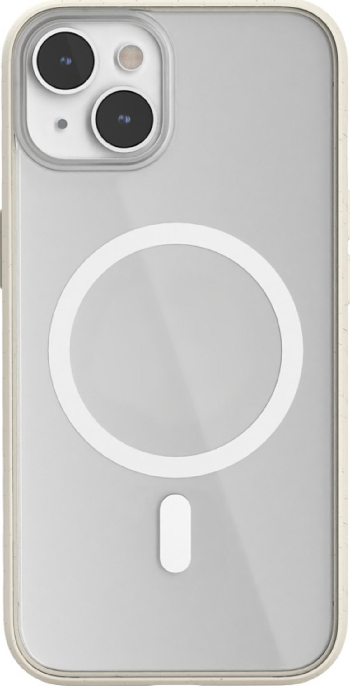 Transparente Handyhülle mit beigem Rand, zwei Kameras und weißem MagSafe-Ring.