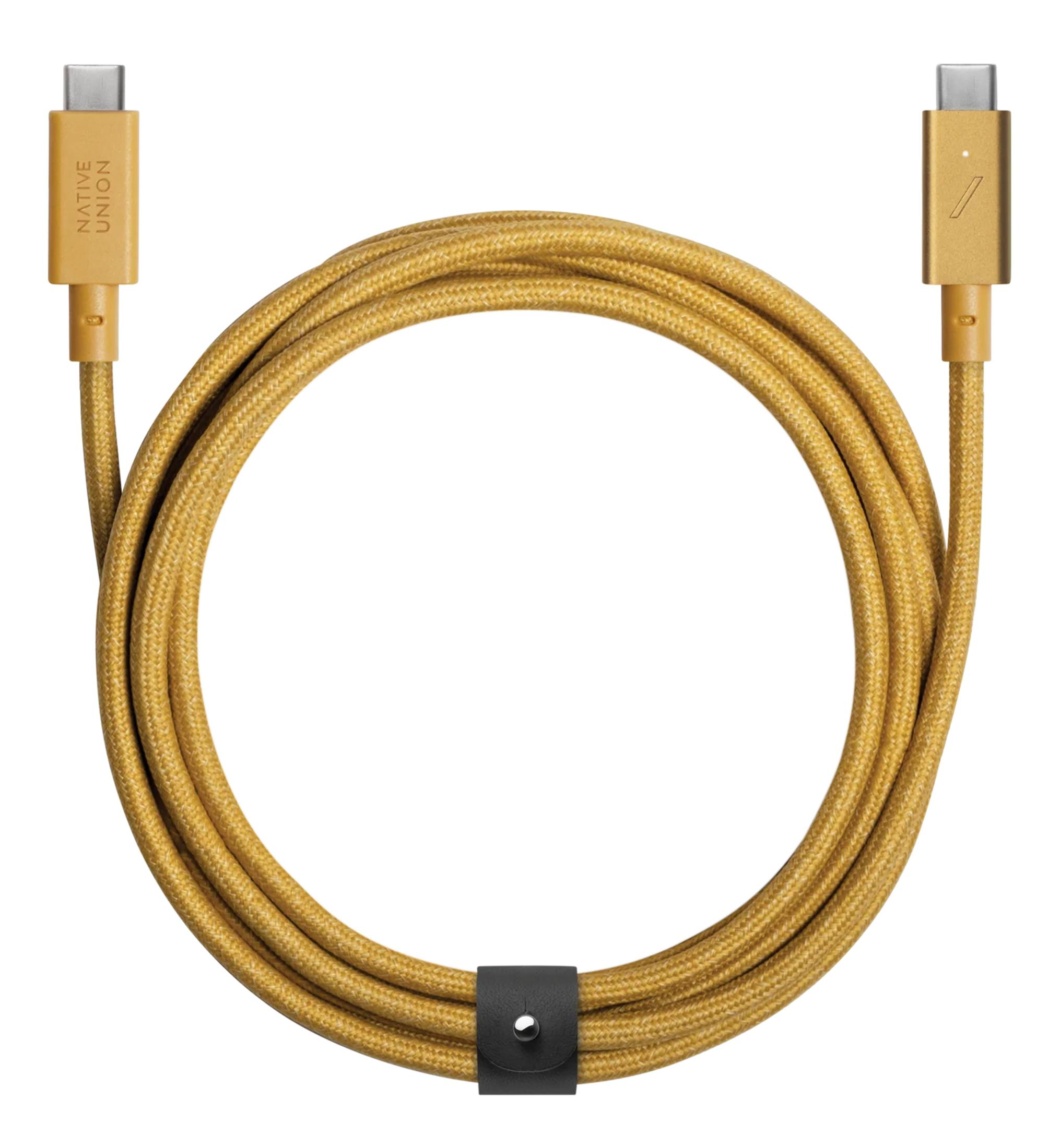 Un cavo USB-C giallo rivestito in tessuto con connettori argentati.