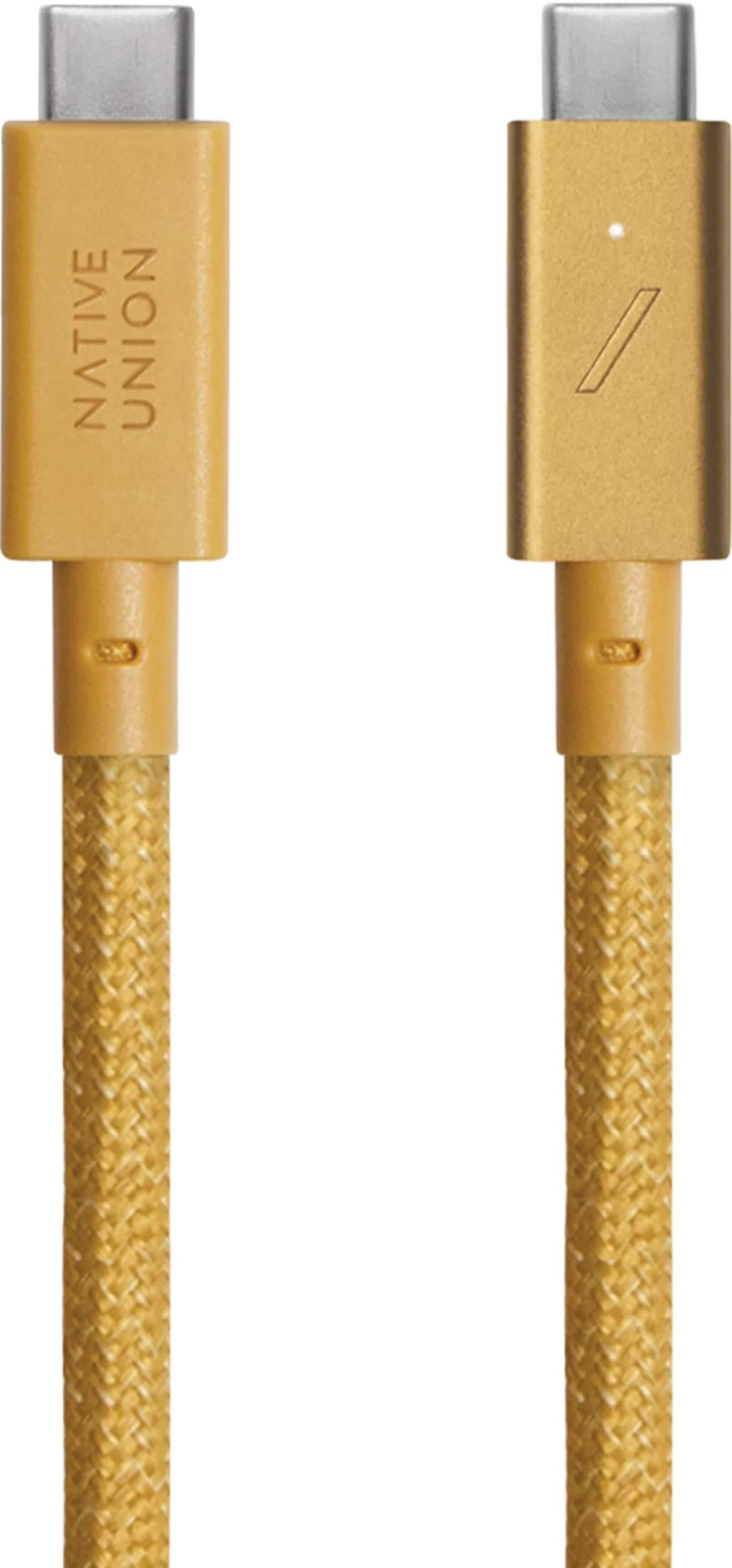 Due cavi USB-C dorati con albero intrecciato e logo.