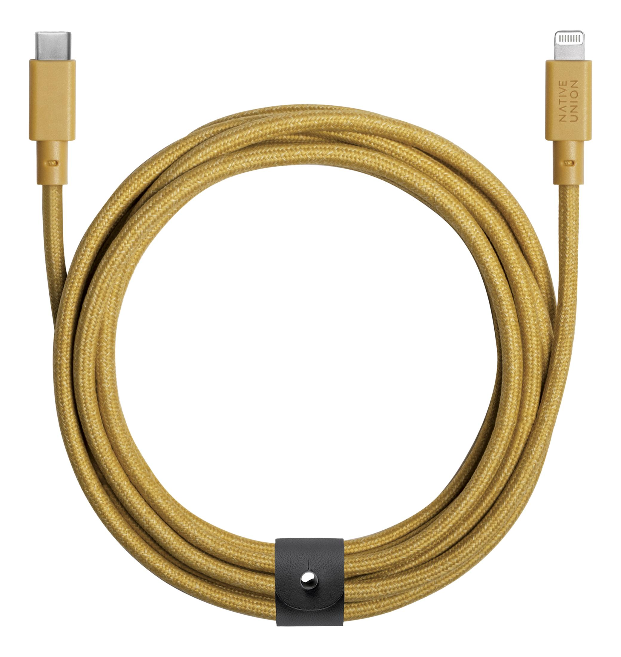 Un cavo USB-C a Lightning giallo, arrotolato con cinturino nero.