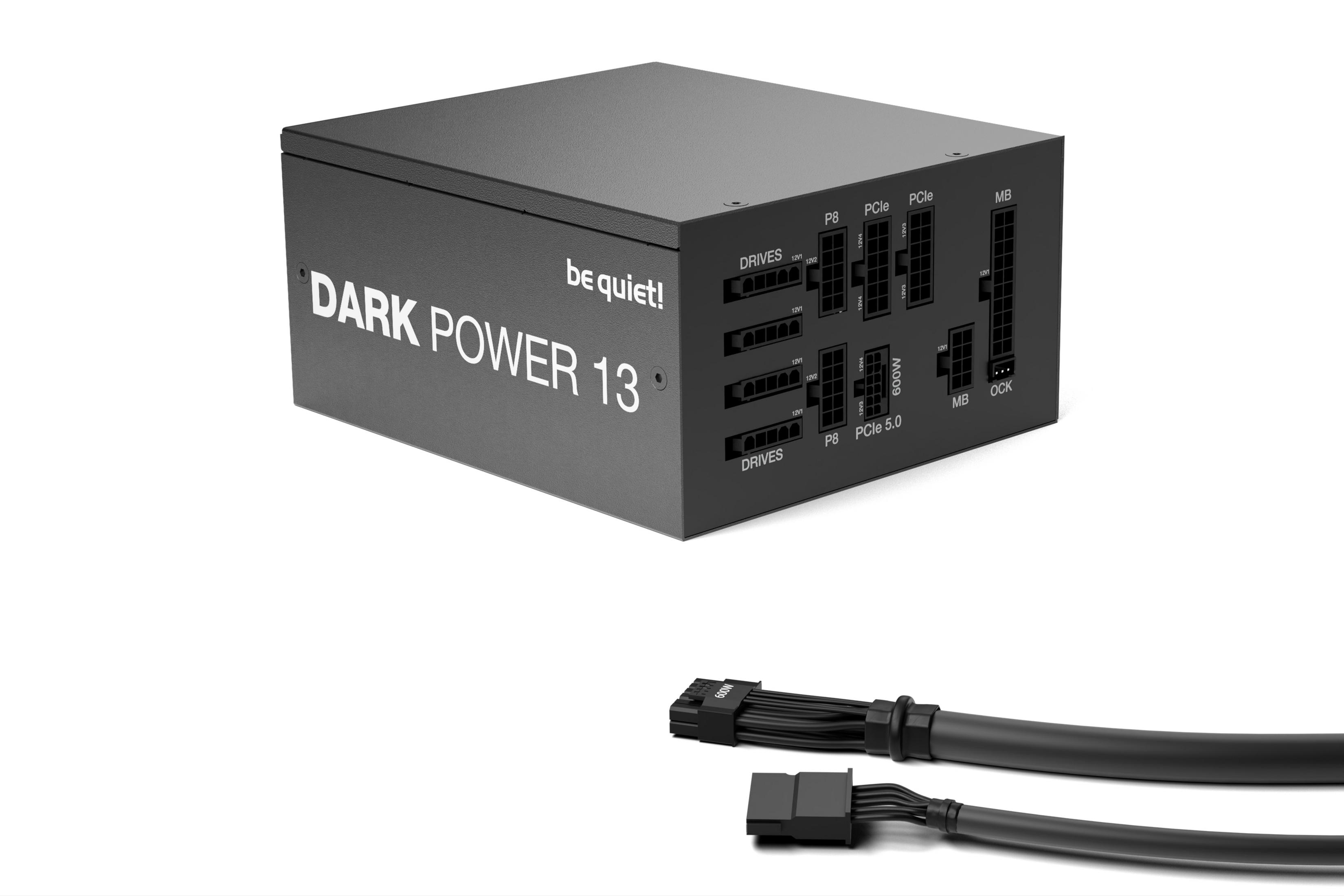 Black power supply unit with cables. Labels: DARK POWER 13, be quiet!, PCIe, MB, OCK.