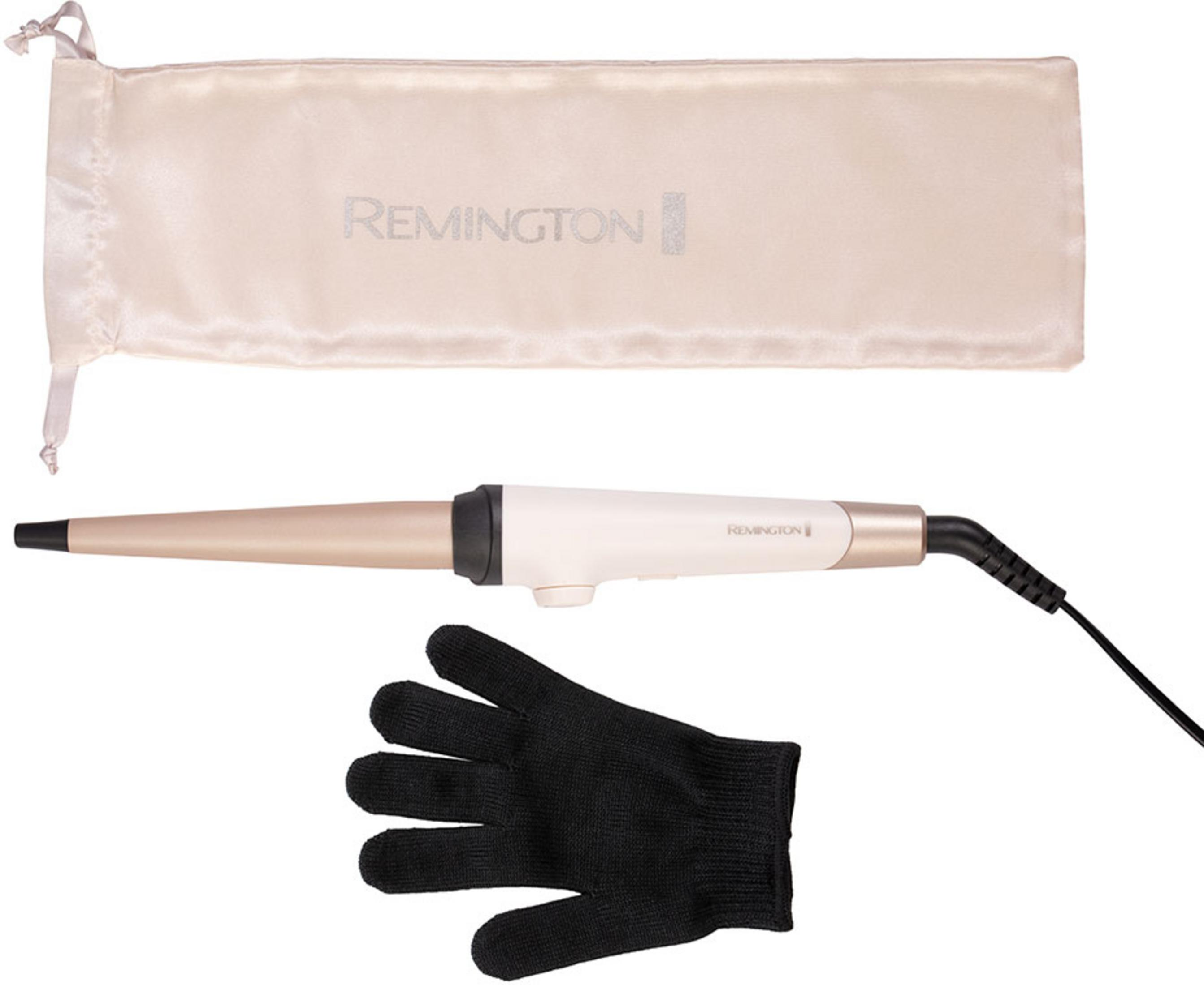 Beyaz arka planda kese ve eldivenli Remington maşa.