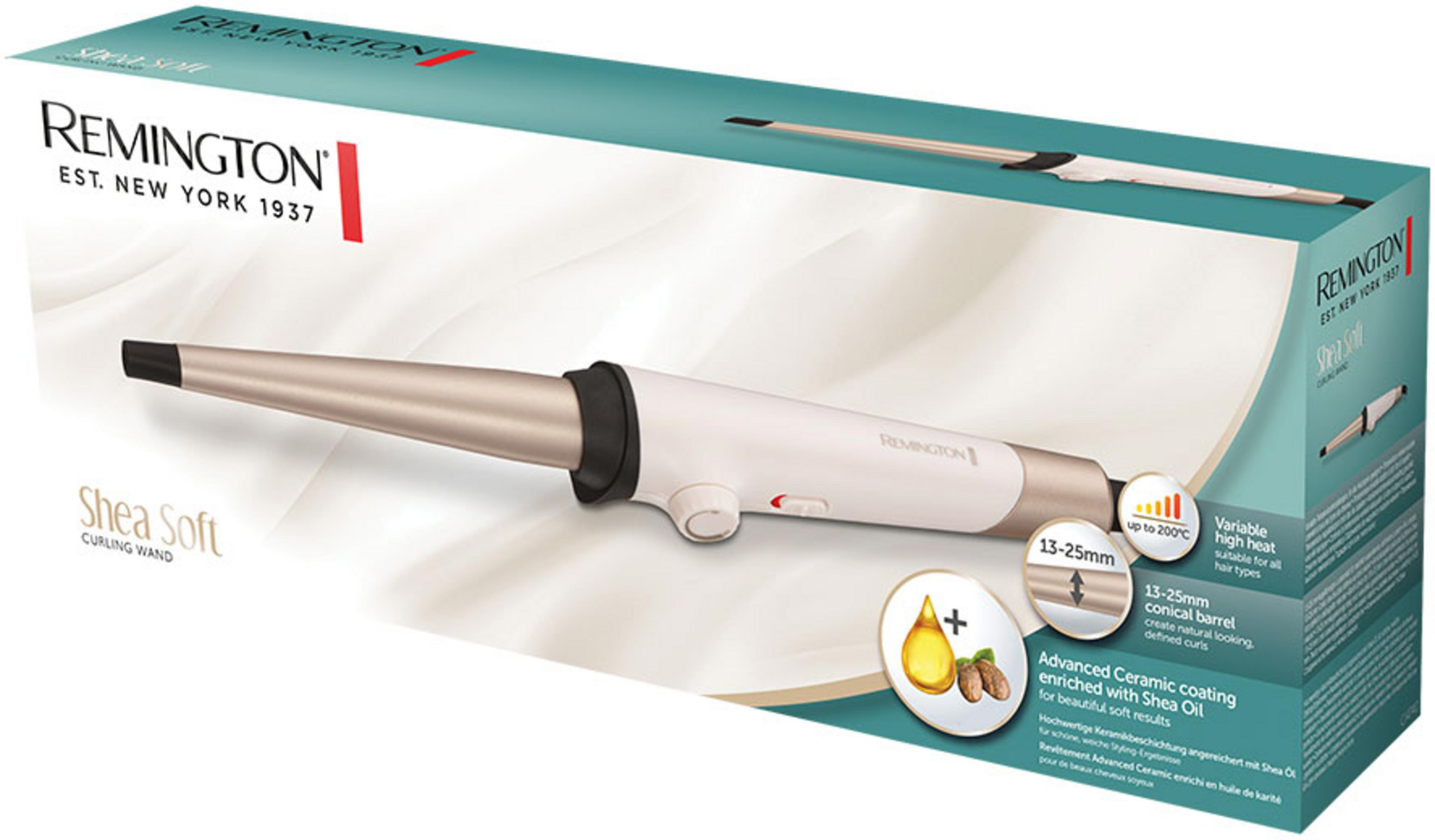 Detaylı ürün özelliklerine sahip Remington Shea Soft Maşa ambalajı.
