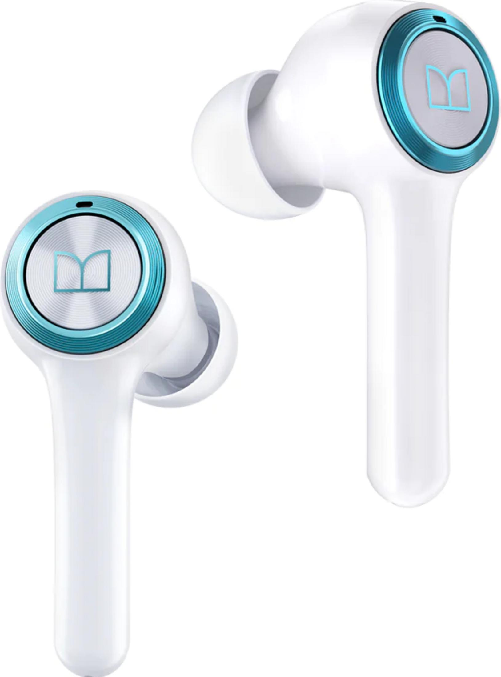 Due auricolari bianchi con anello turchese e logo su sfondo bianco.