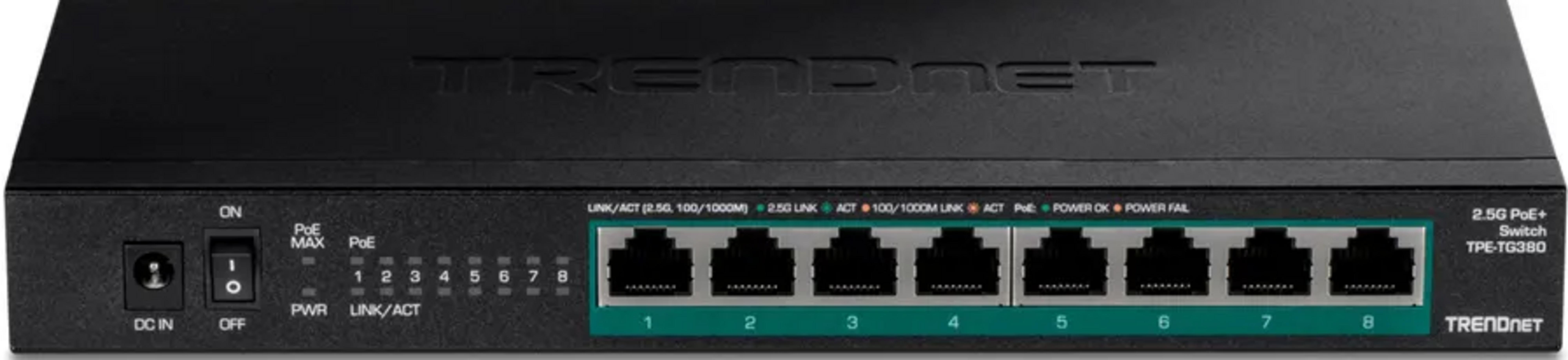 Uno switch PoE+ TRENDnet nero a 8 porte 2.5G, con porte e LED di stato.
