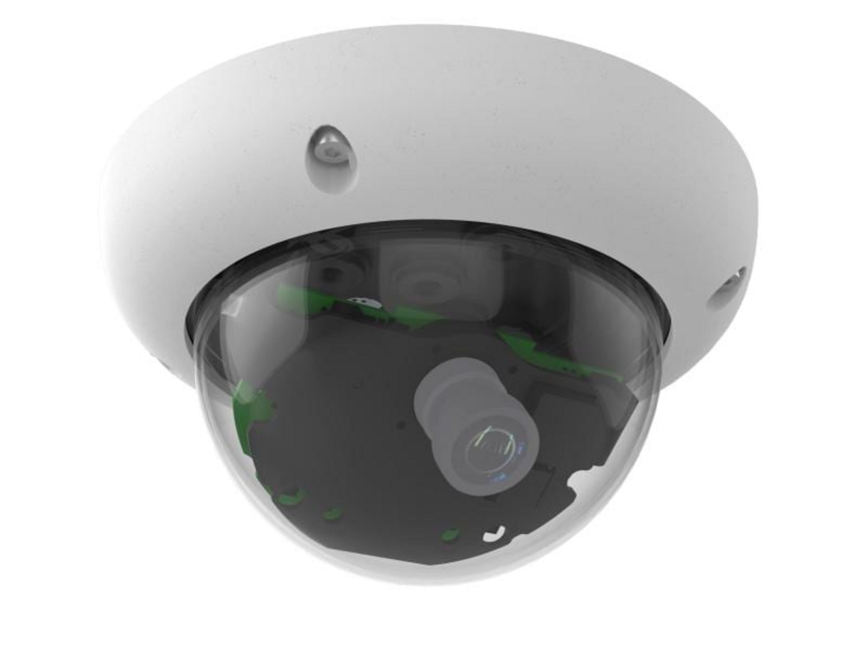 Eine weiße Dome-Überwachungskamera mit transparentem Gehäuse und sichtbarer Linse.