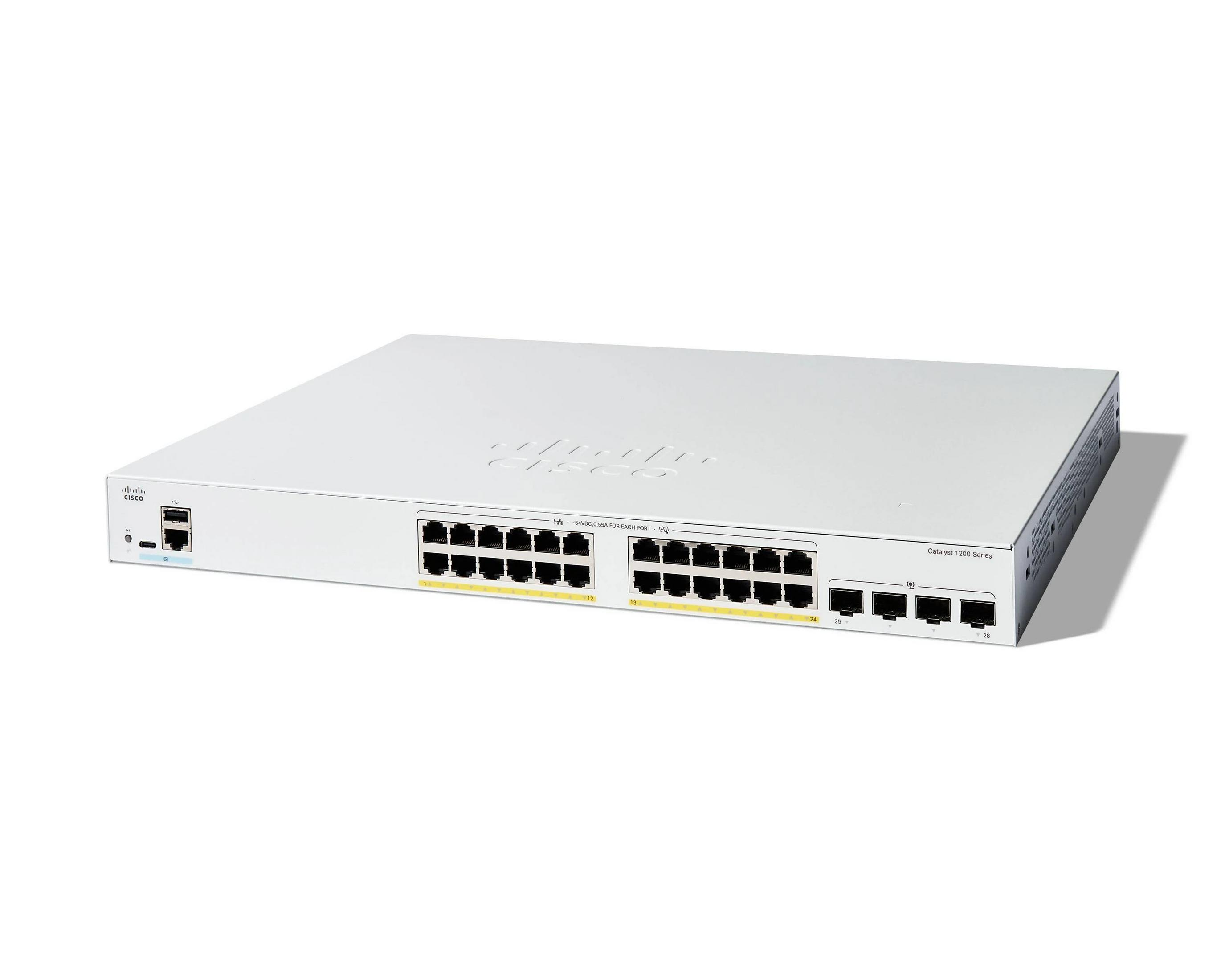 Switch Cisco Catalyst 1200 Series bianco con 28 porte, su sfondo bianco.