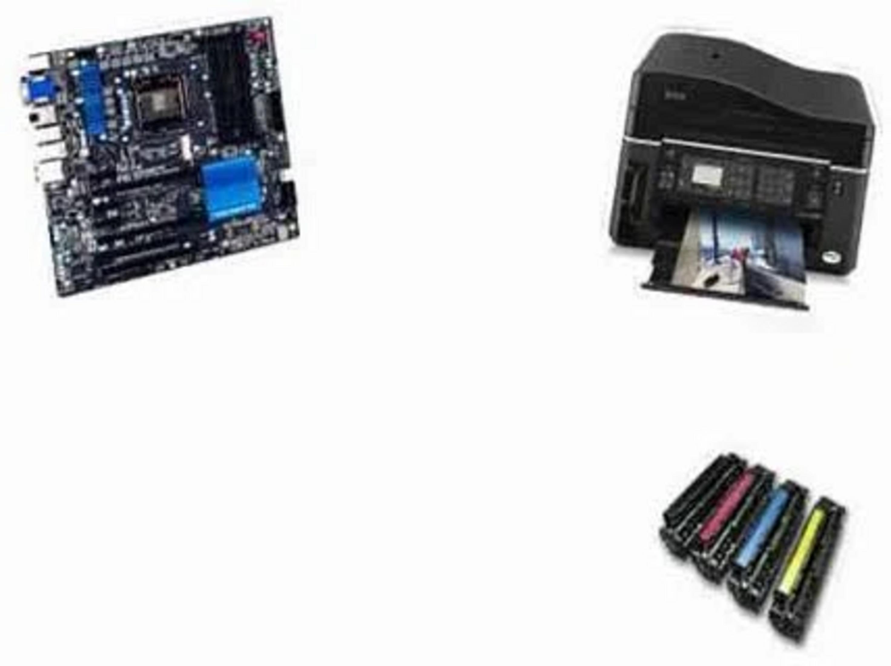 Ein Motherboard, ein Drucker, der ein Foto druckt, und vier Tintenpatronen.