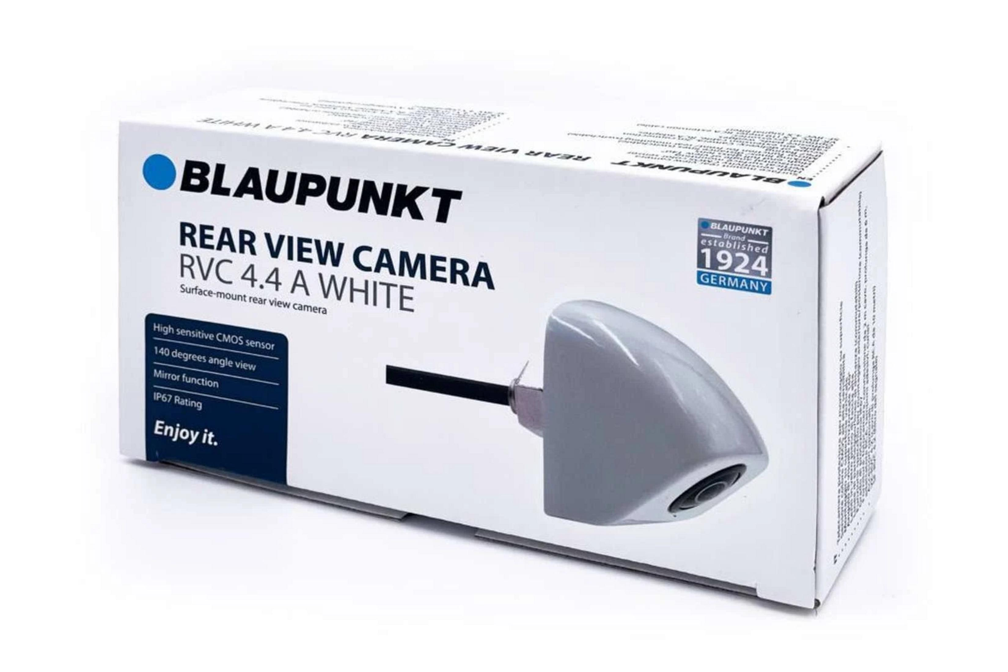 Blaupunkt Rückfahrkamera RVC 4.4 A WEISS auf ihrer Verpackung, mit Merkmalen.