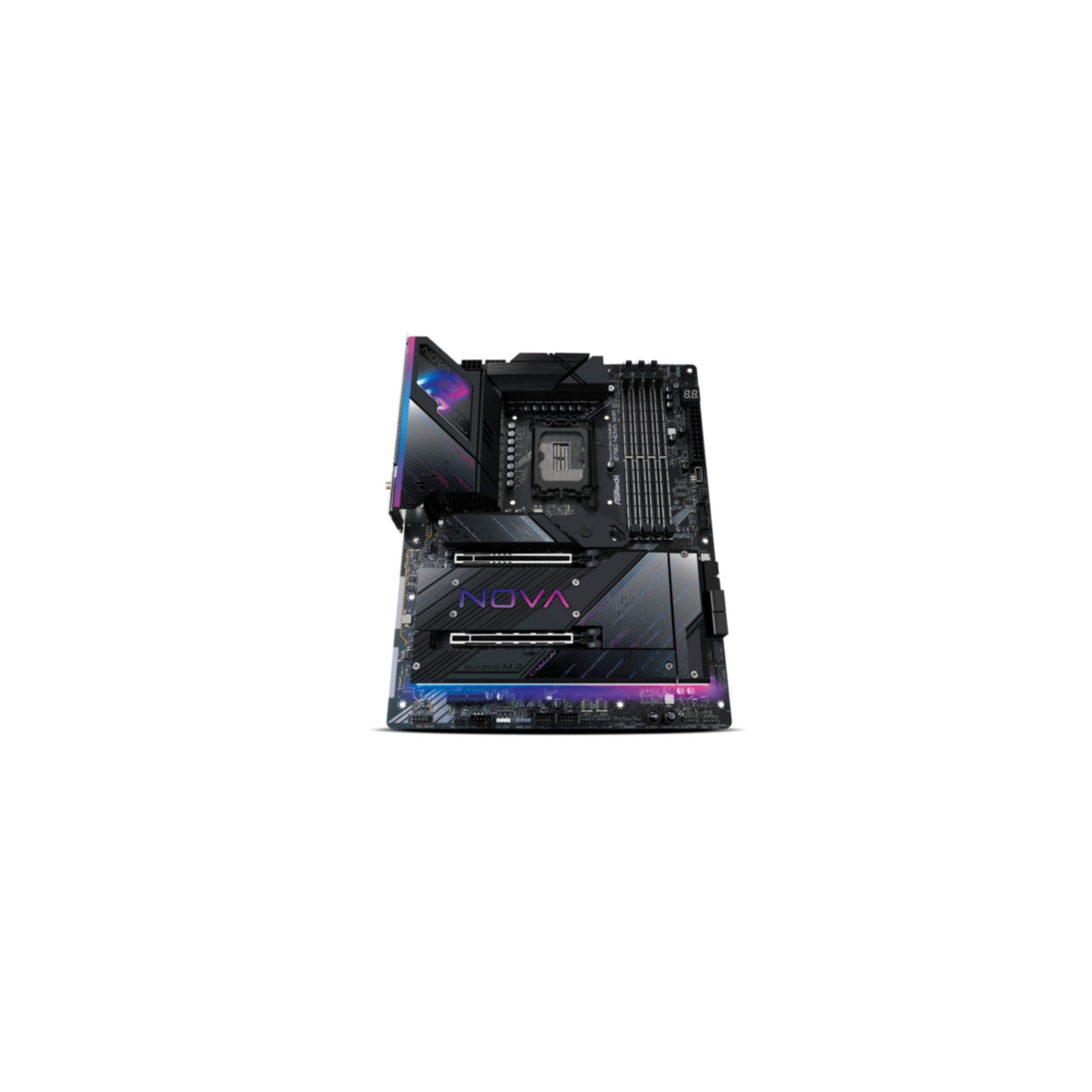 Una scheda madre nera con illuminazione RGB e marchio "NOVA".