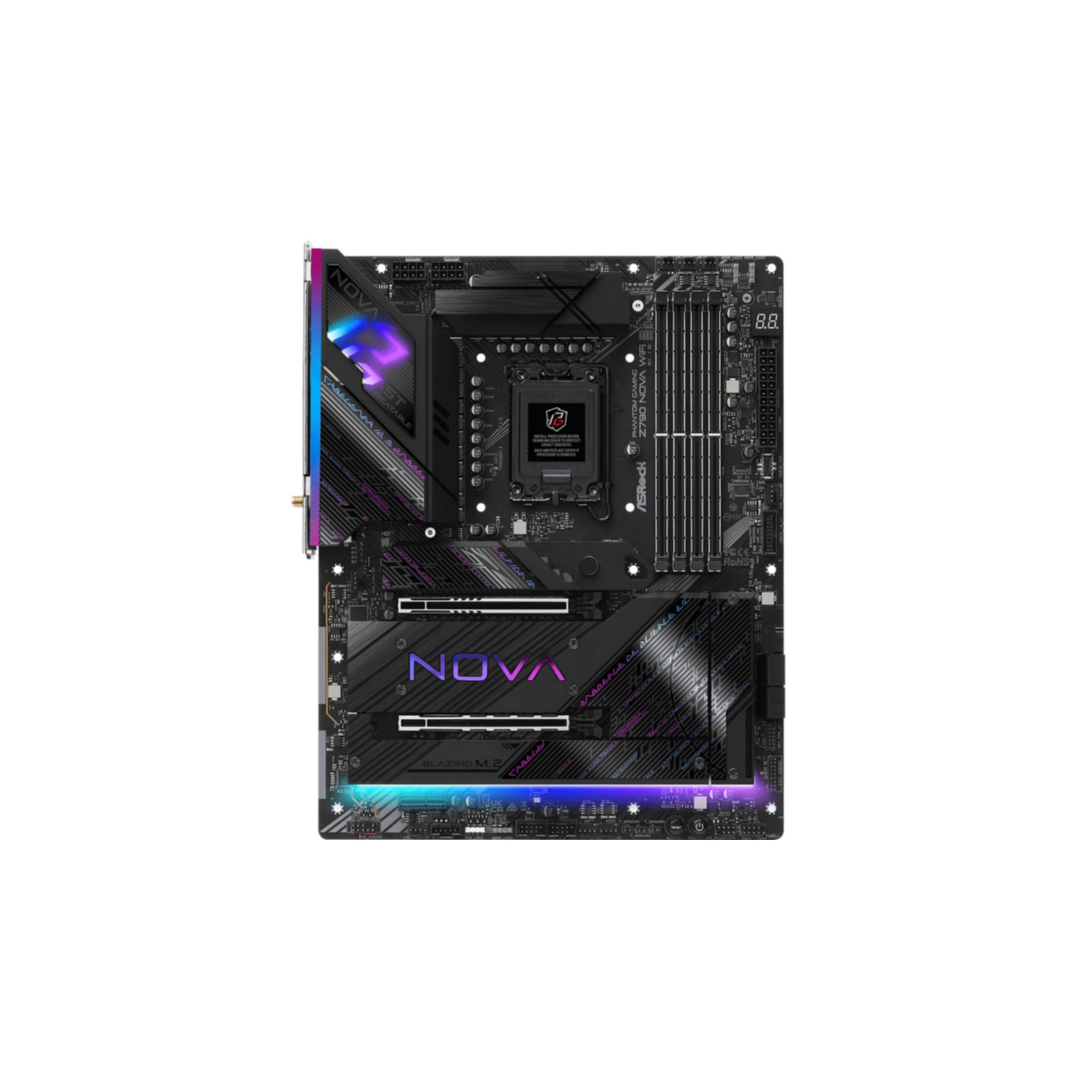 Una scheda madre nera con illuminazione RGB e accenti argentati.