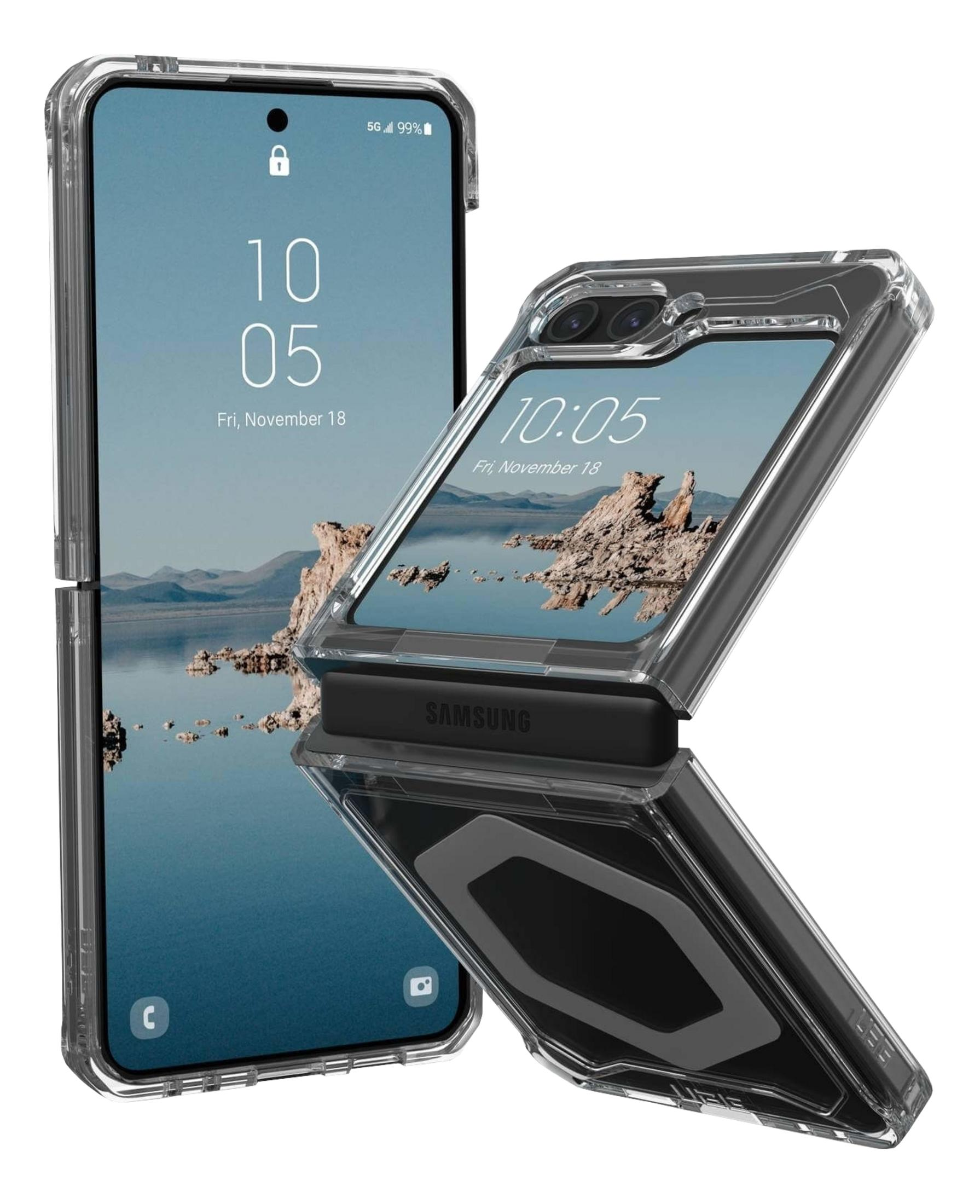 Ein durchsichtiges Klapphandy mit Samsung-Logo und Landschaftshintergrund.