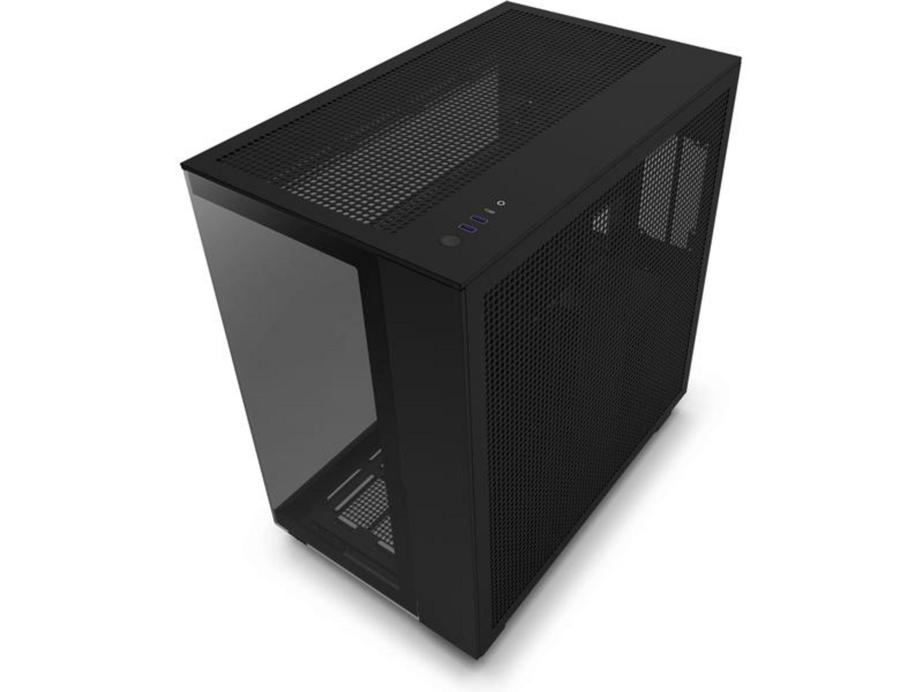 Case del computer nero con pannello frontale in vetro e laterale forato.
