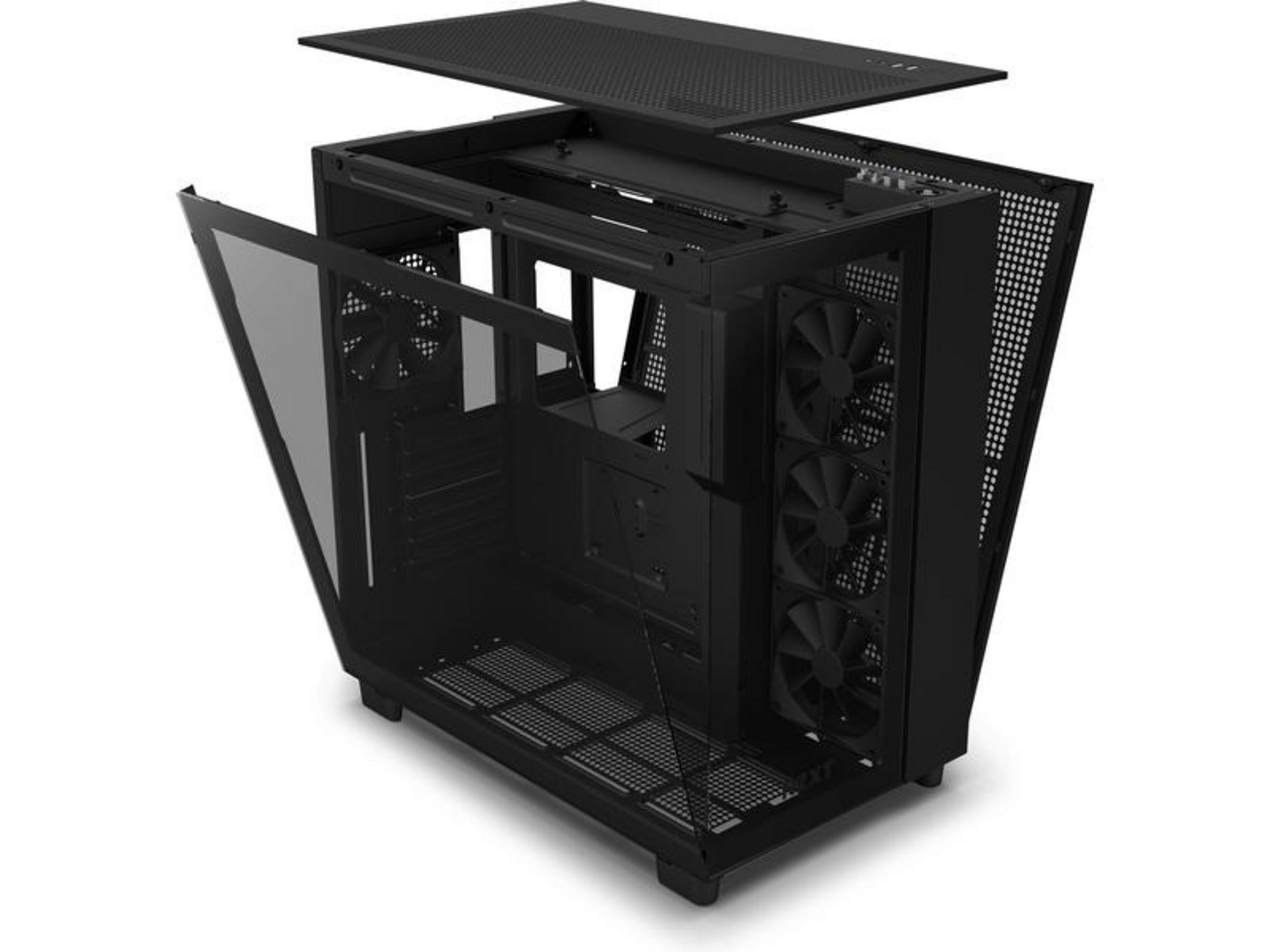 Un case per computer nero con i pannelli laterali e superiore rimossi.
