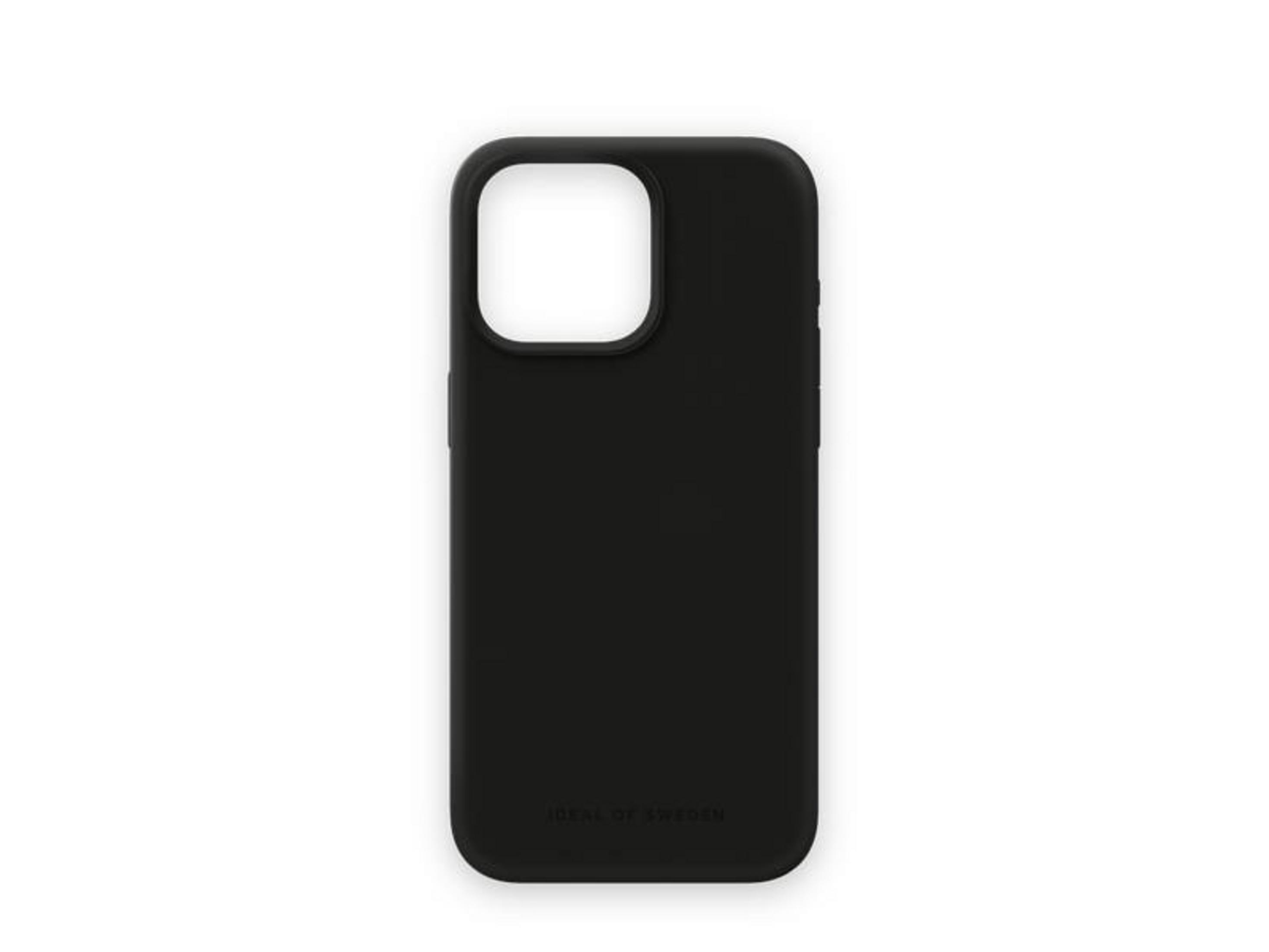 Kamera kesimli, alt kısımda ince logolu siyah telefon kılıfı.