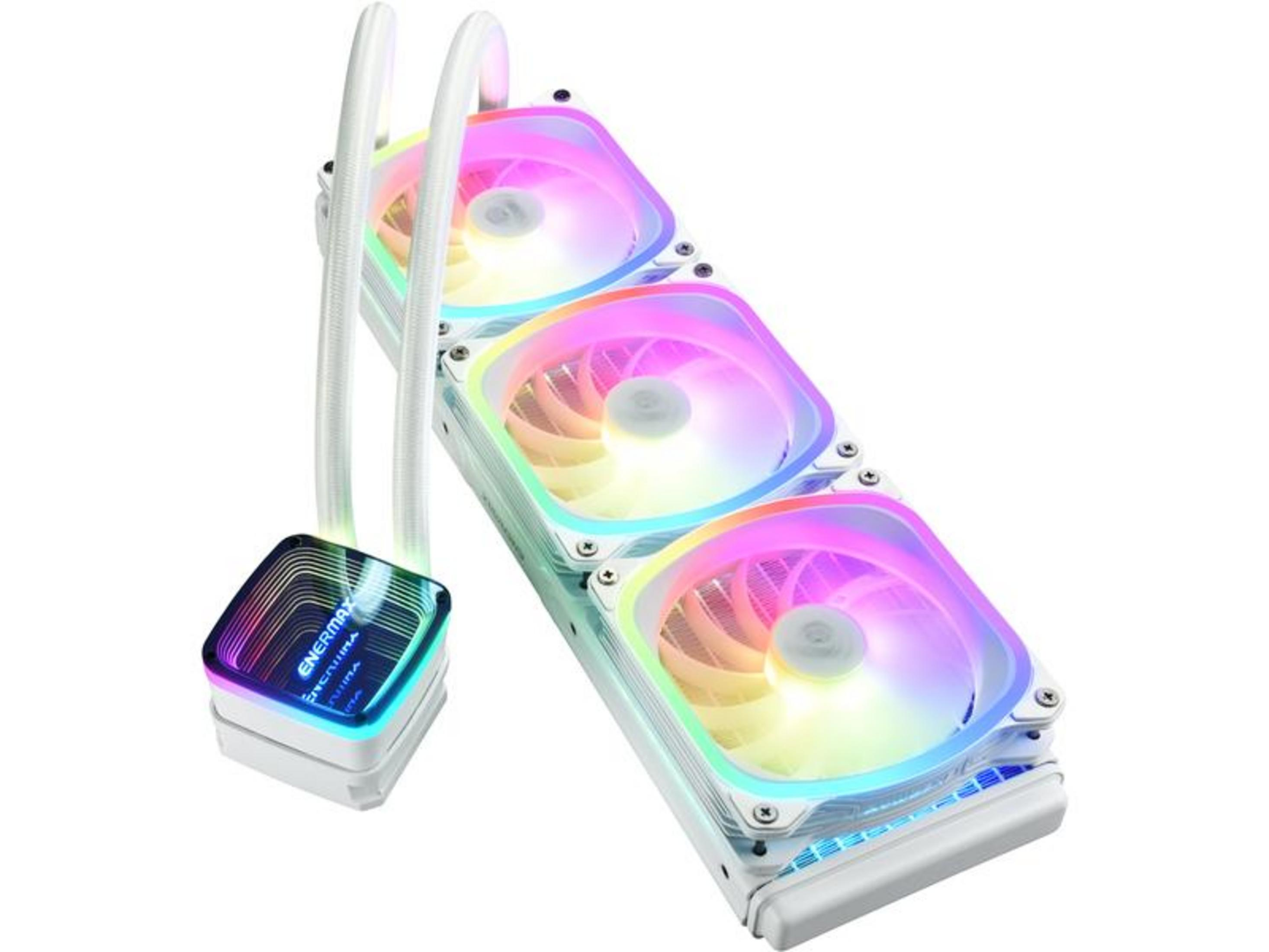 Raffreddatore liquido bianco per PC con tre ventole RGB e testa pompa quadrata.