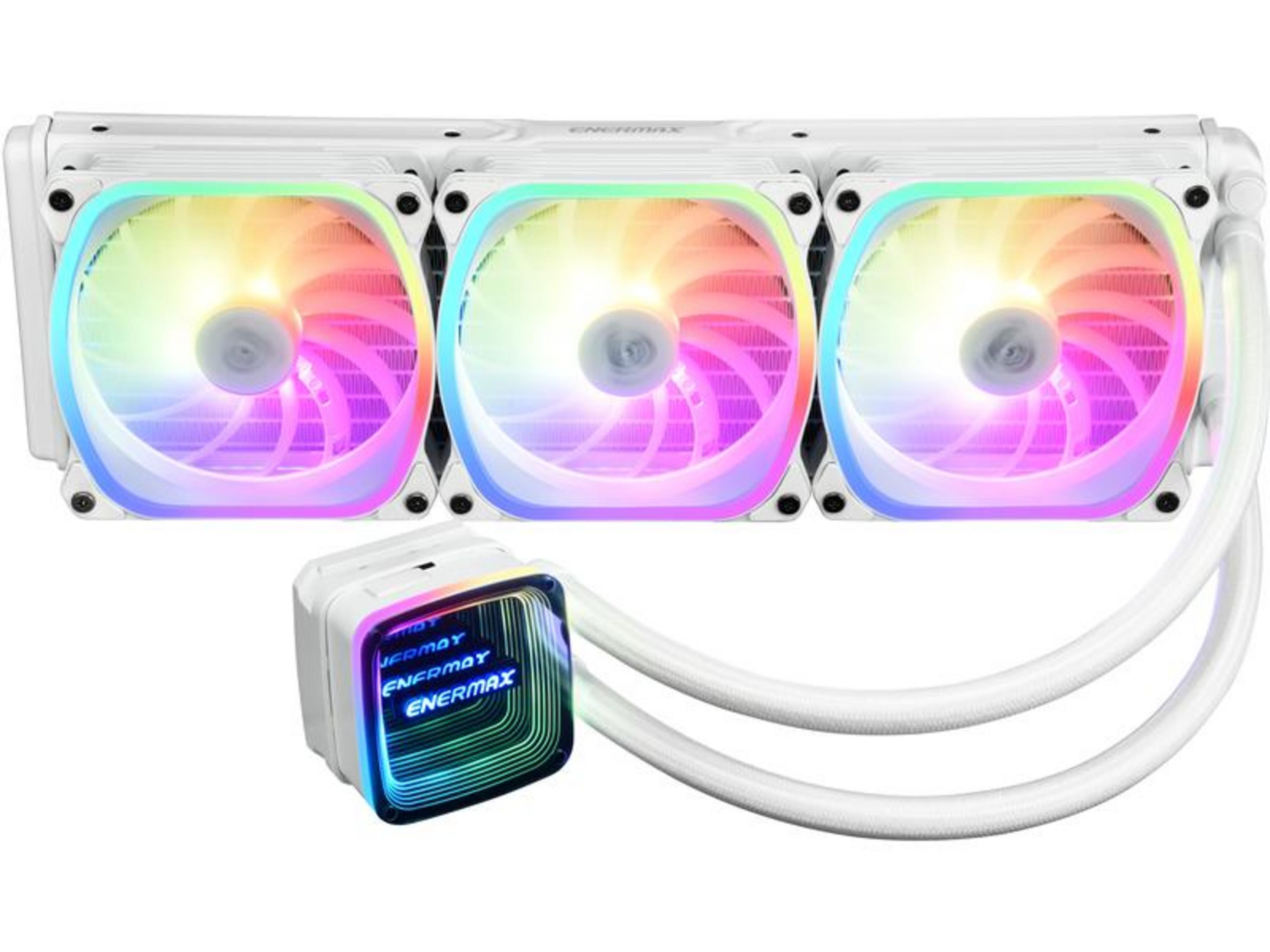 Un dissipatore per CPU bianco con tre ventole RGB e una pompa dell'acqua.