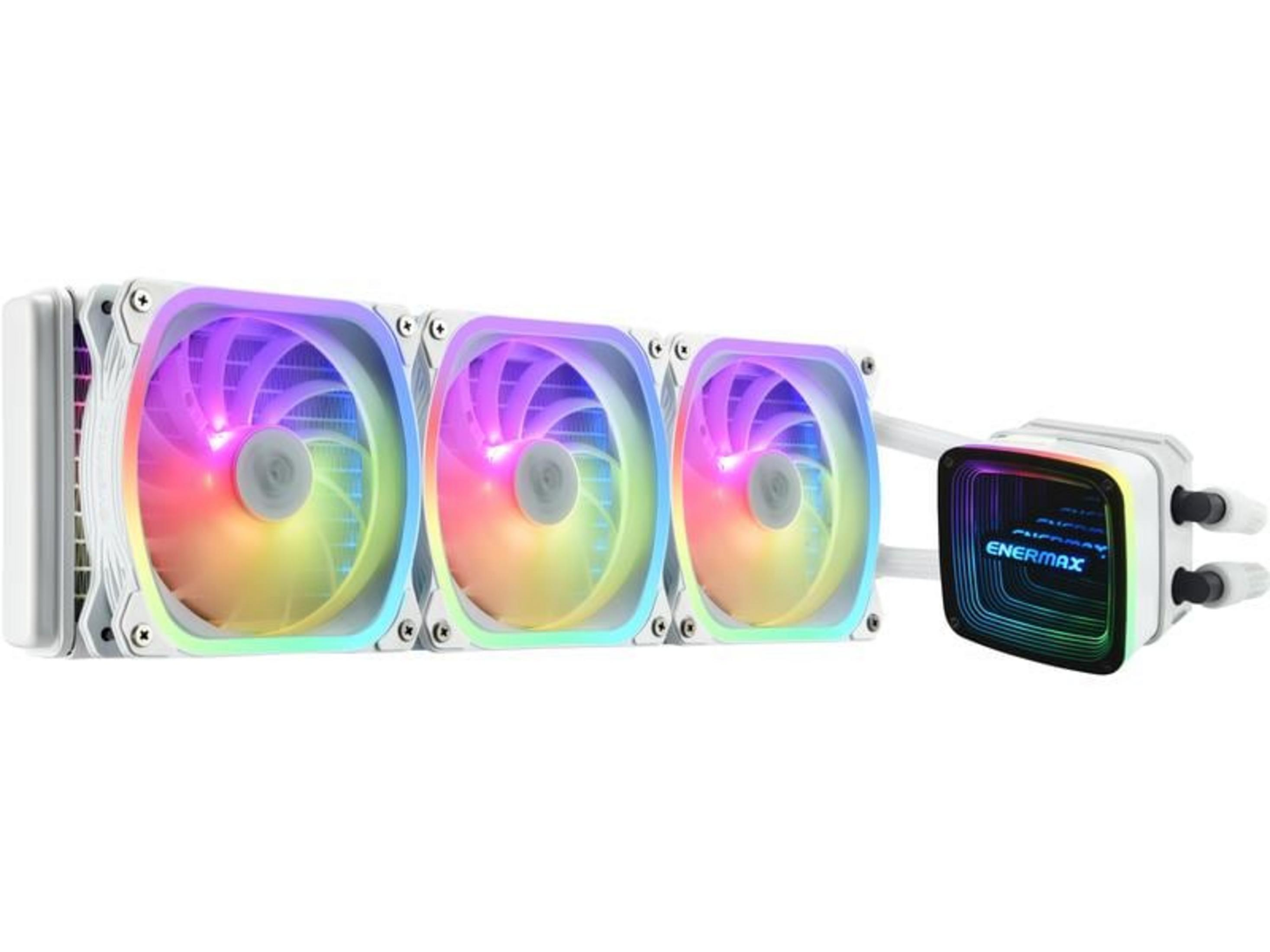 Un dissipatore CPU bianco con tre ventole RGB e una testa della pompa con logo ENERMAX.