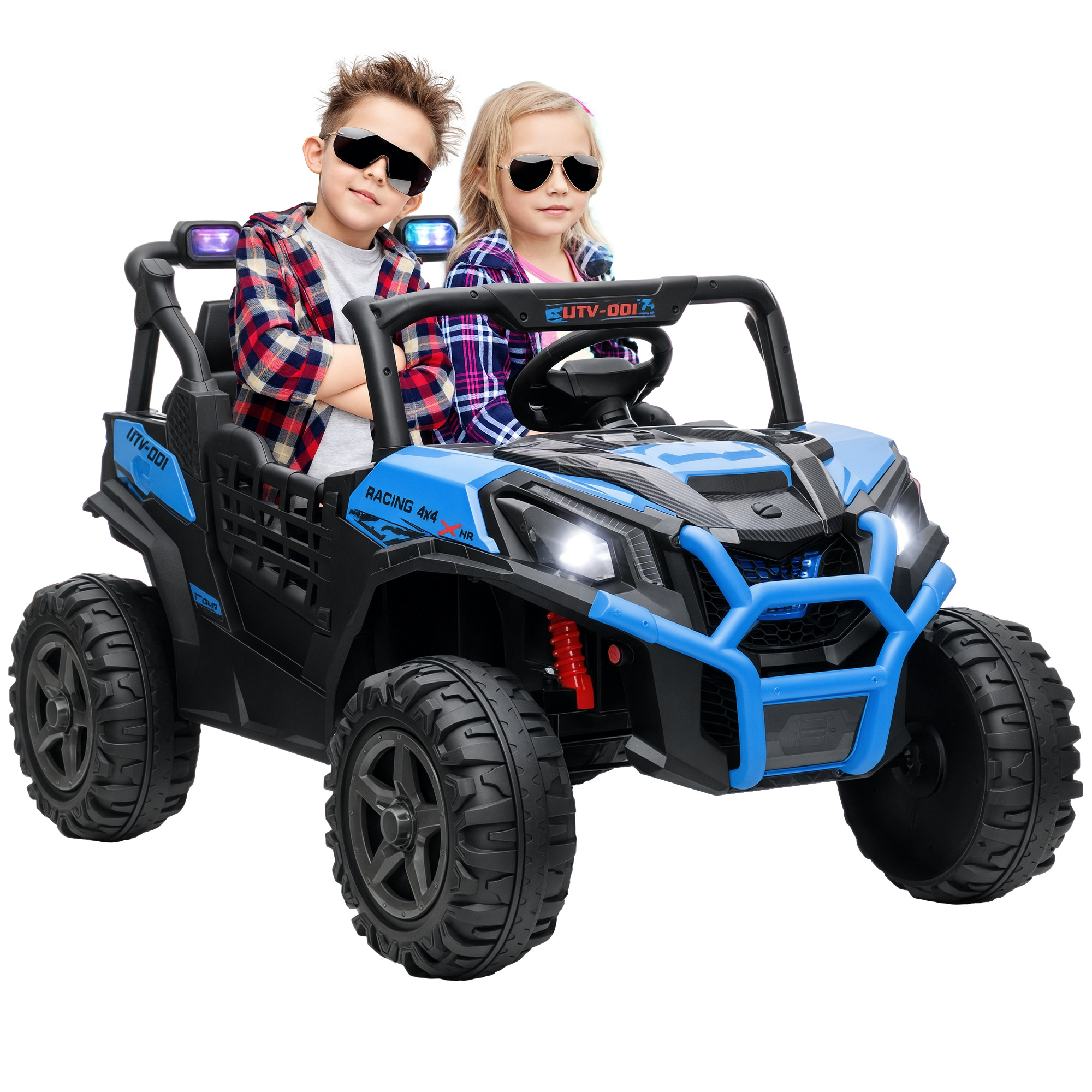 Due bambini con occhiali da sole guidano un UTV giocattolo blu.