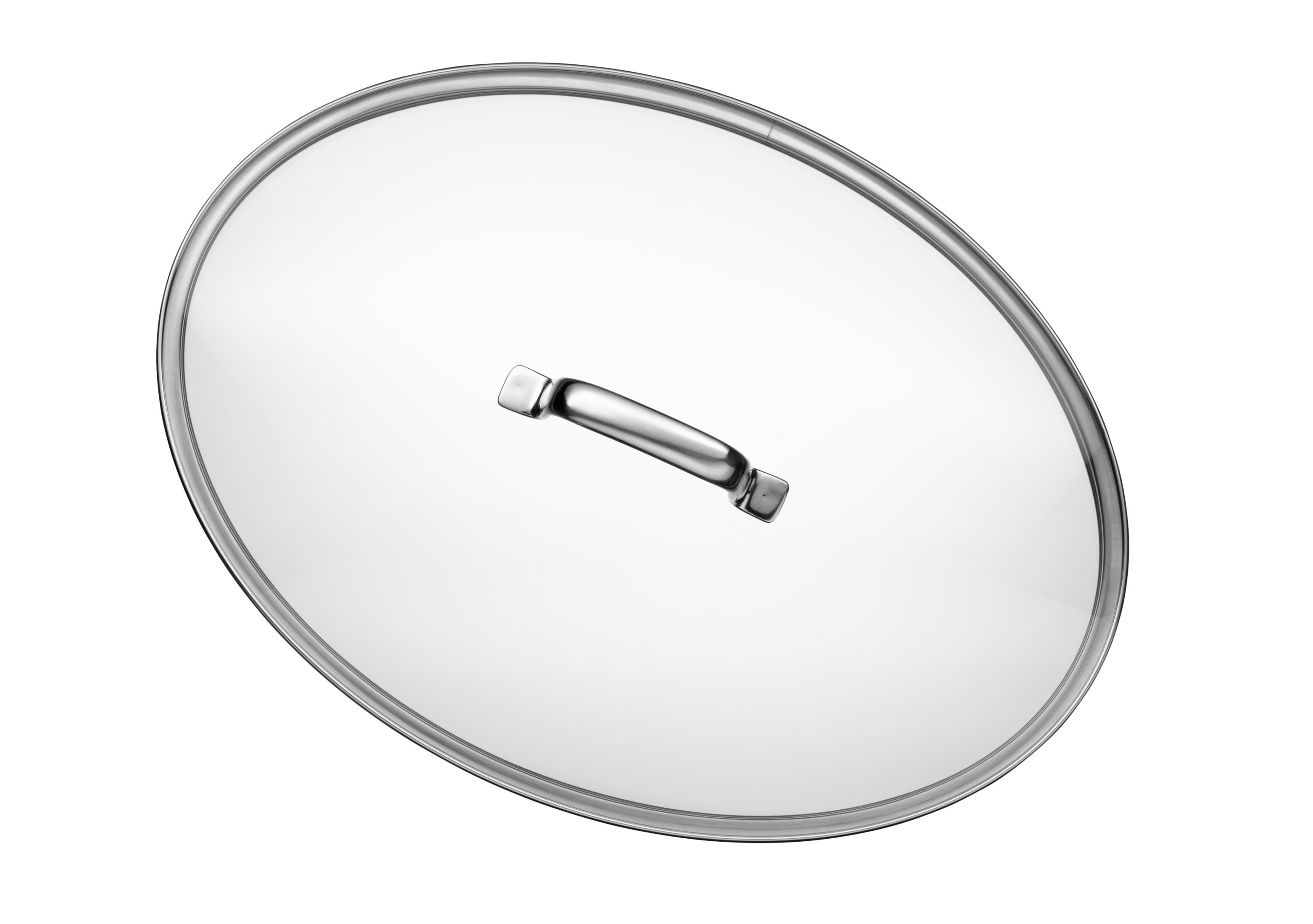 Ein runder Glasdeckel mit Metallrand und Griff auf weißem Hintergrund.