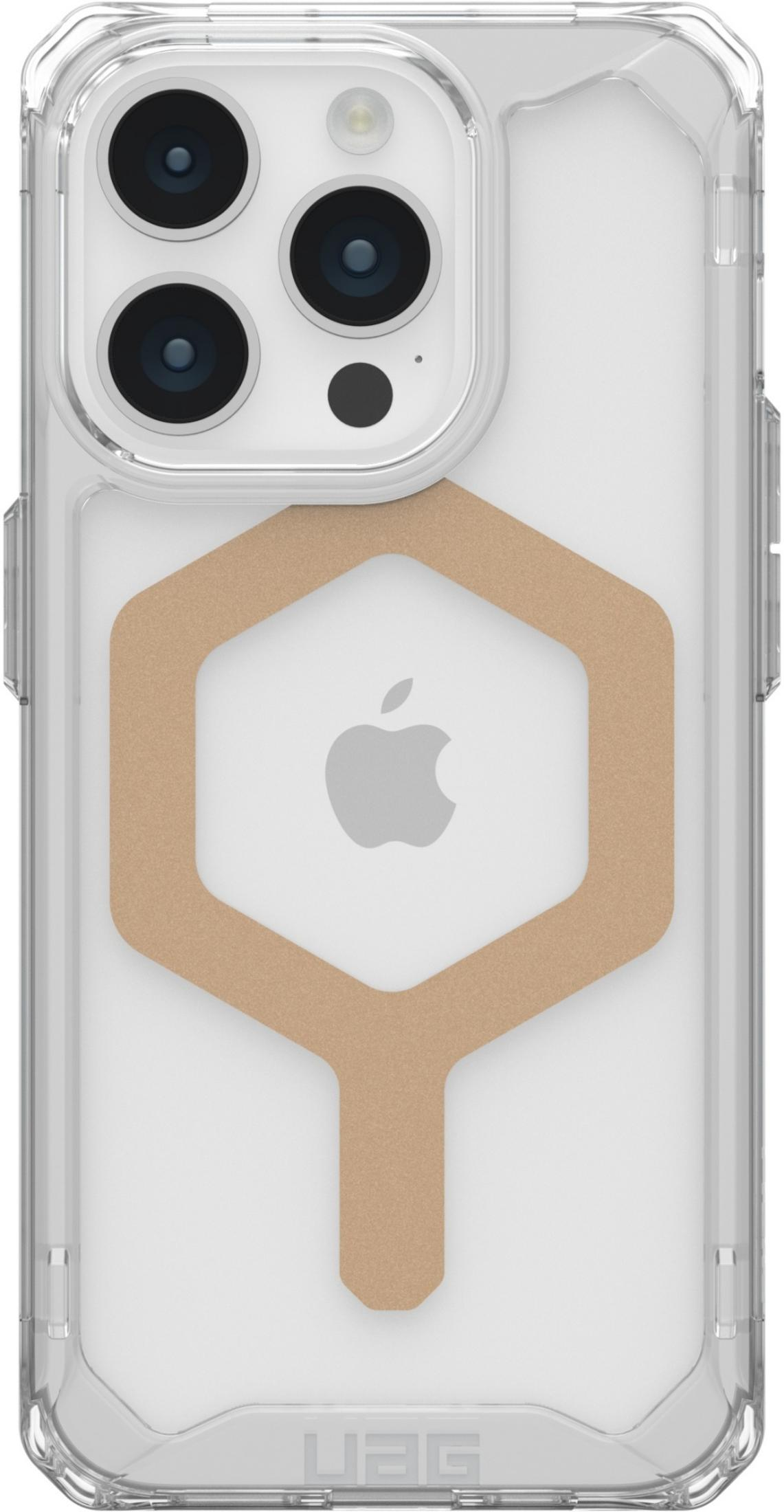 Transparente Hülle mit Apple-Logo und sechseckigem braunem Muster.