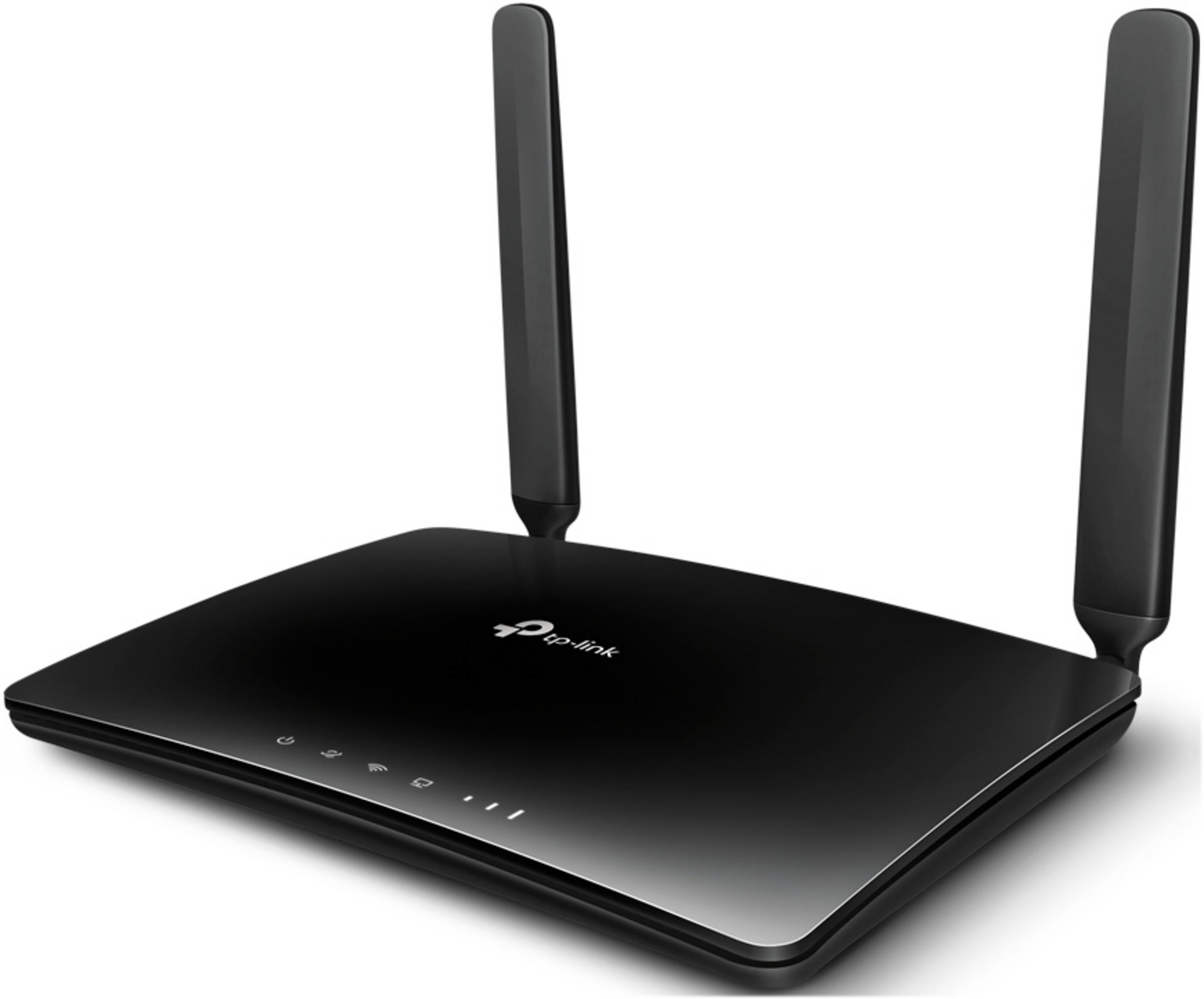 Schwarzer WLAN-Router mit zwei Antennen und TP-Link-Logo.