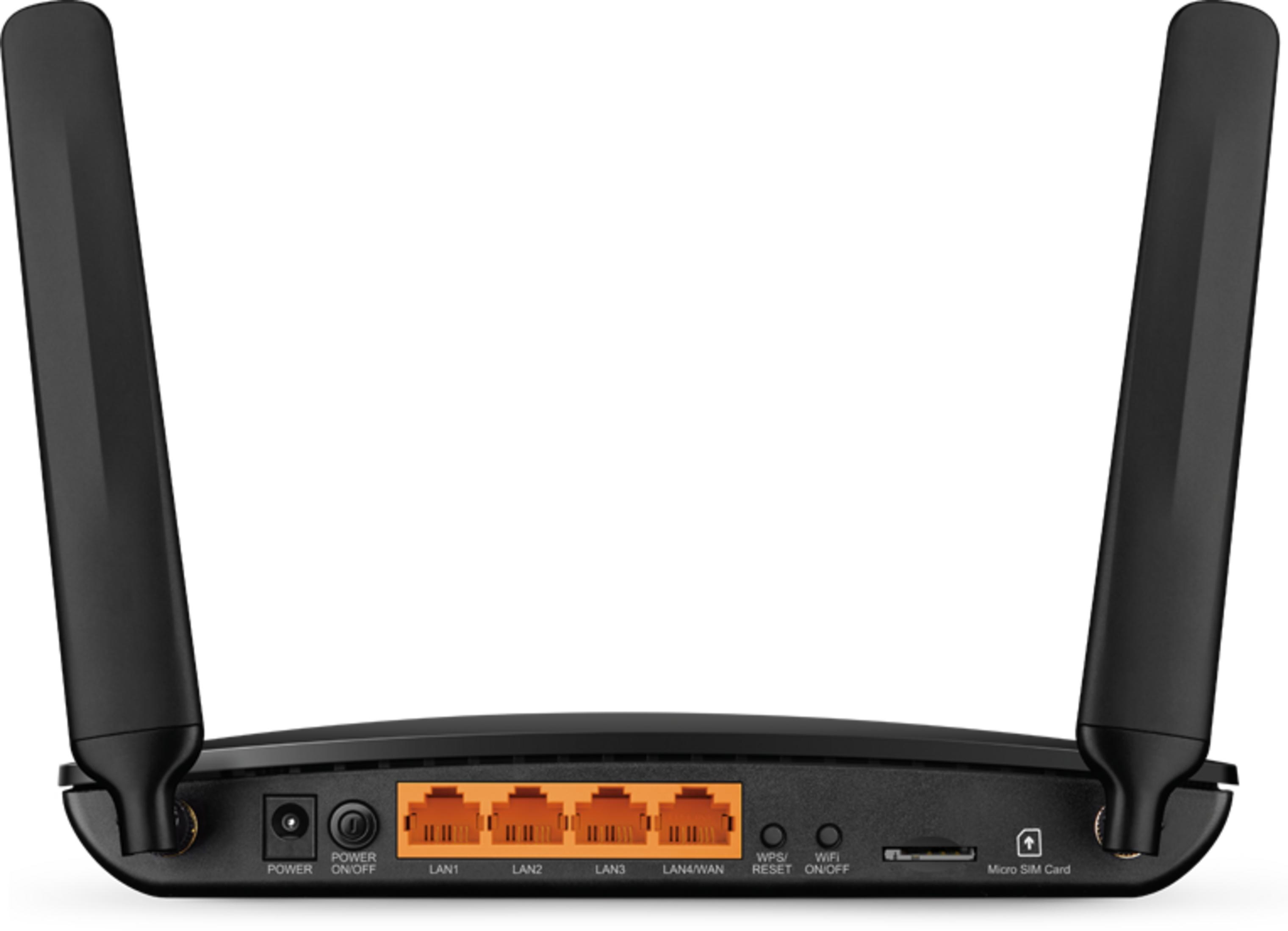 Schwarzer Router mit zwei Antennen, vier LAN-Anschlüssen und SIM-Kartensteckplatz.