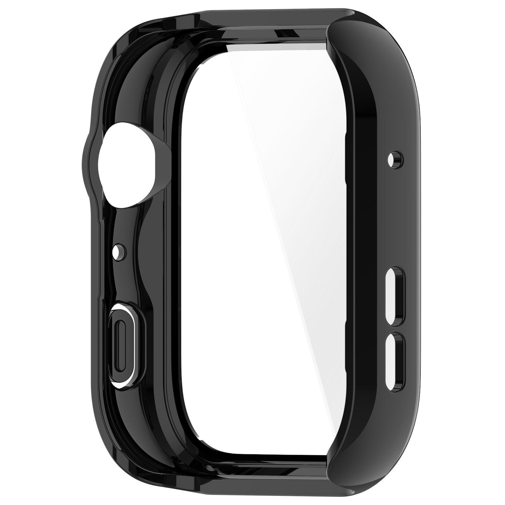 Custodia protettiva nera per smartwatch rettangolare con area schermo trasparente.