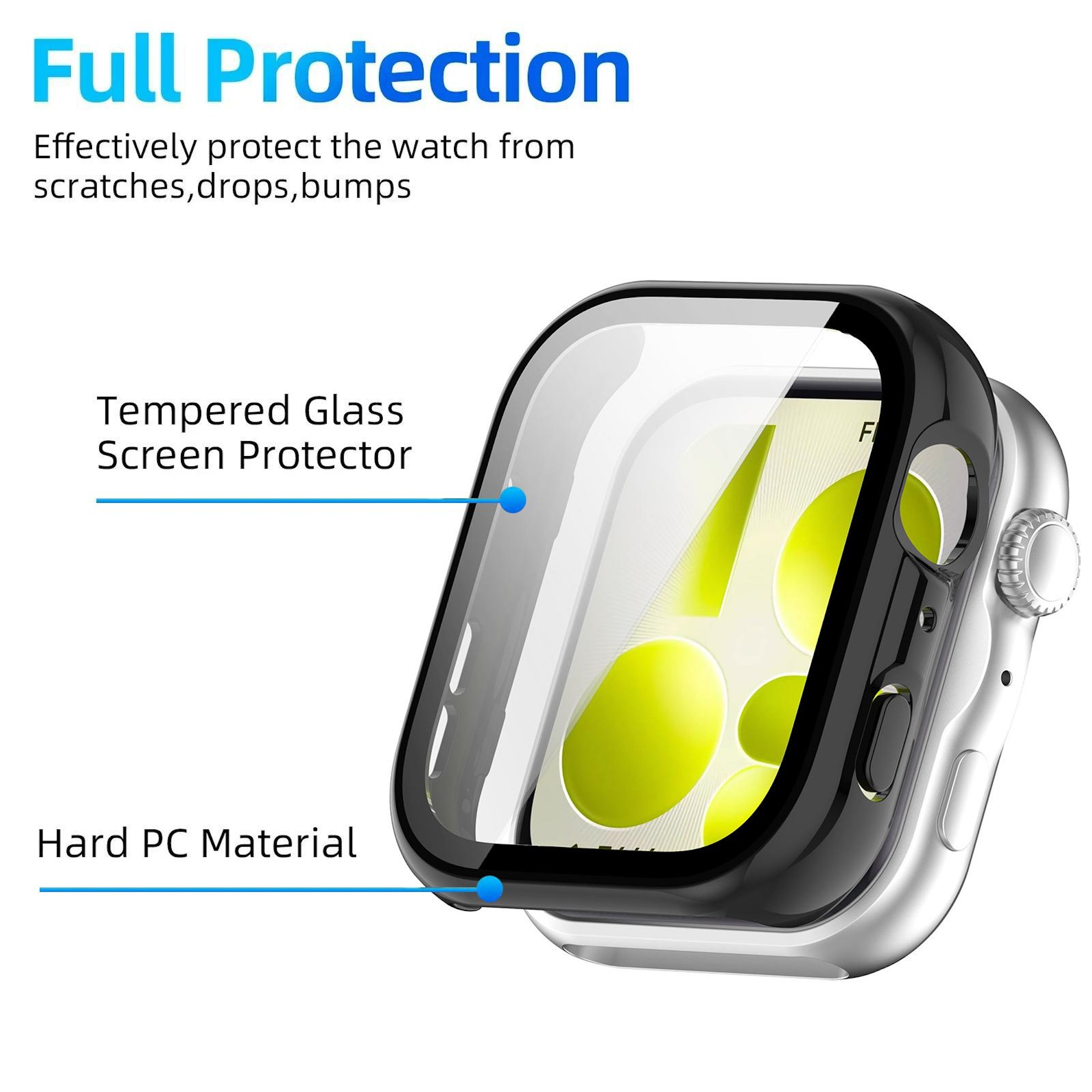 Una custodia nera protegge uno smartwatch argentato con punto blu. Vetro temperato.