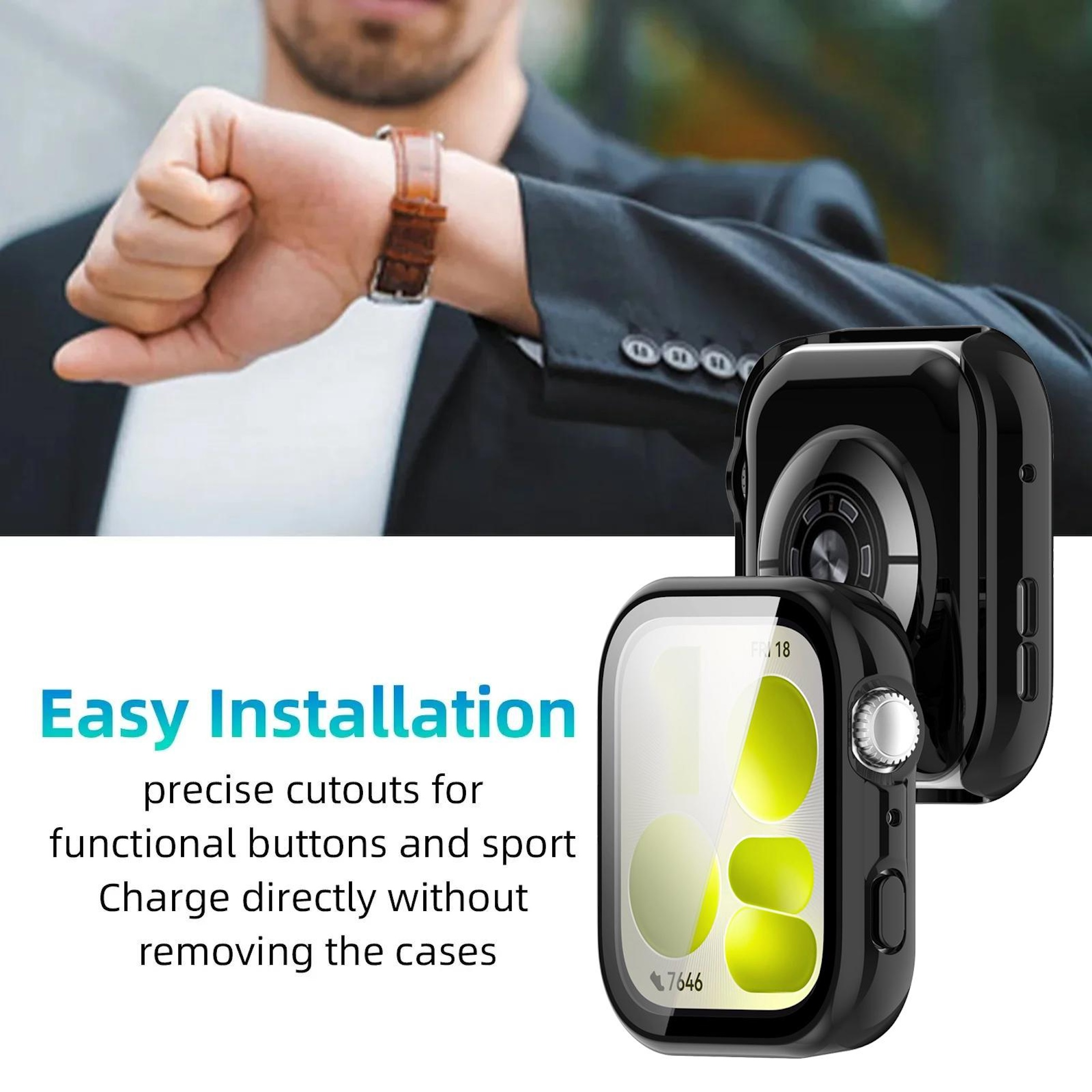 Custodia protettiva nera per smartwatch con pulsanti laterali e quadrante.