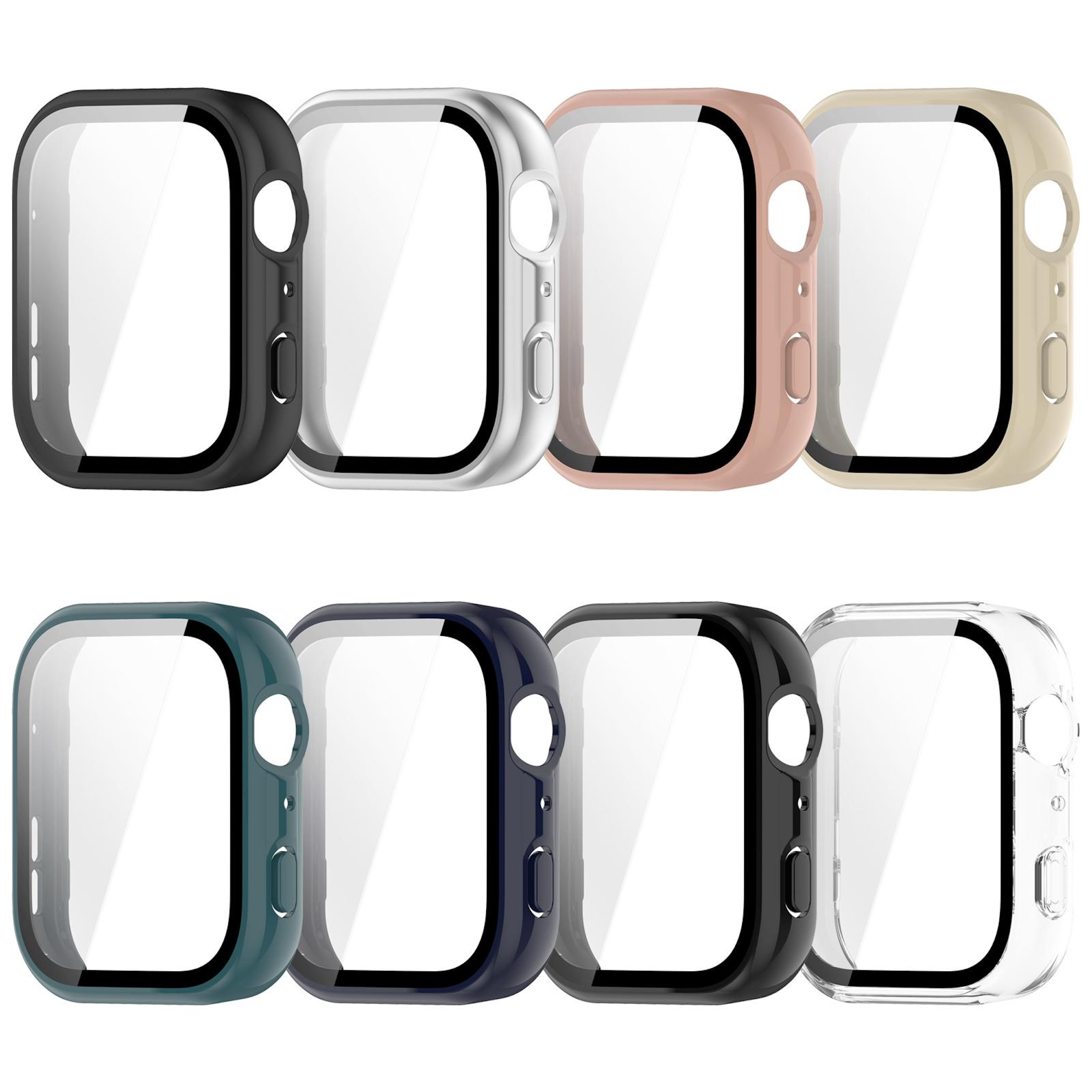 Otto custodie protettive per smartwatch in vari colori: nero, argento, rosa, beige, verde scuro, blu navy, nero, trasparente.