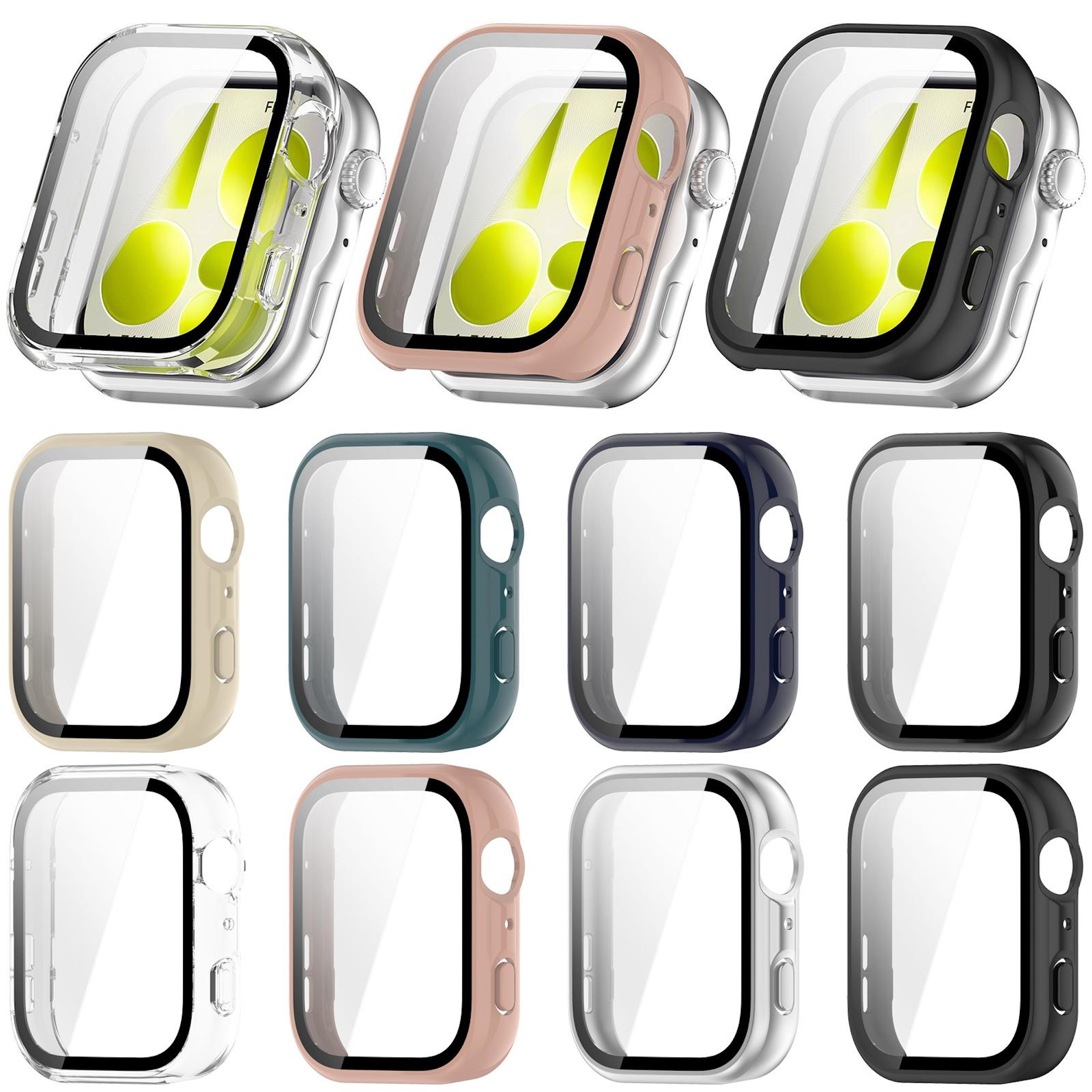 Undici custodie per orologi in vari colori su sfondo bianco.