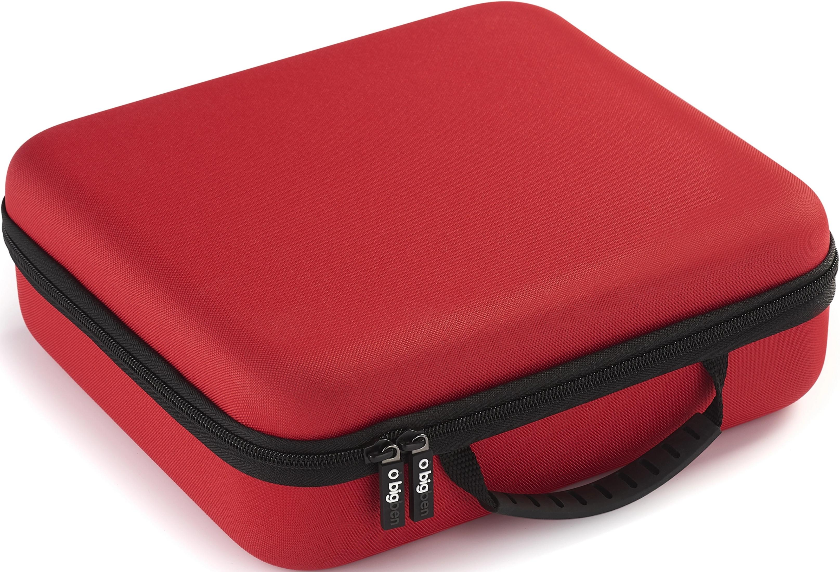Una funda protectora roja con cremallera y asa negras. Se ven dos tiradores de cremallera.