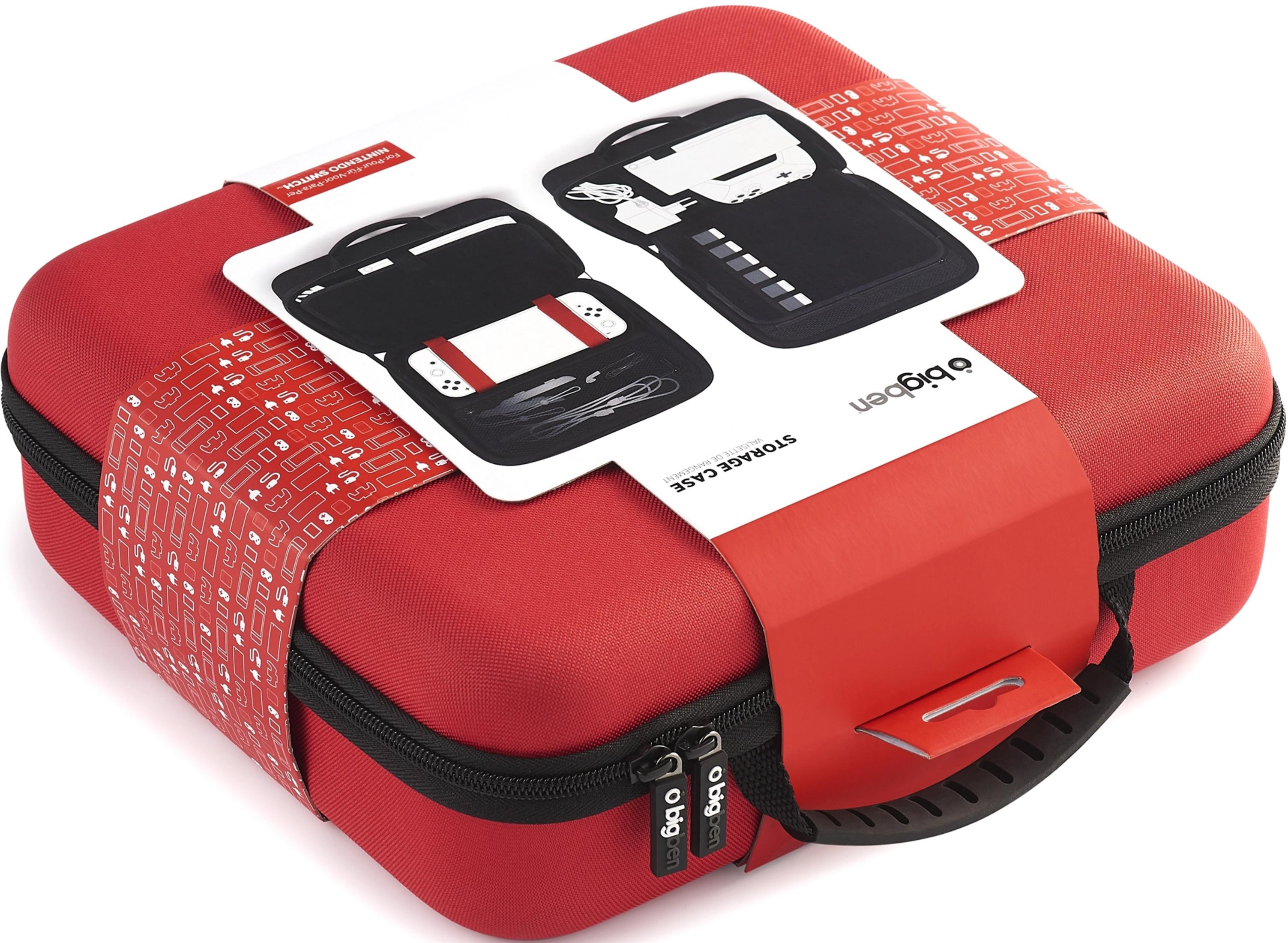 Estuche rojo para Nintendo Switch con accesorios y asa.