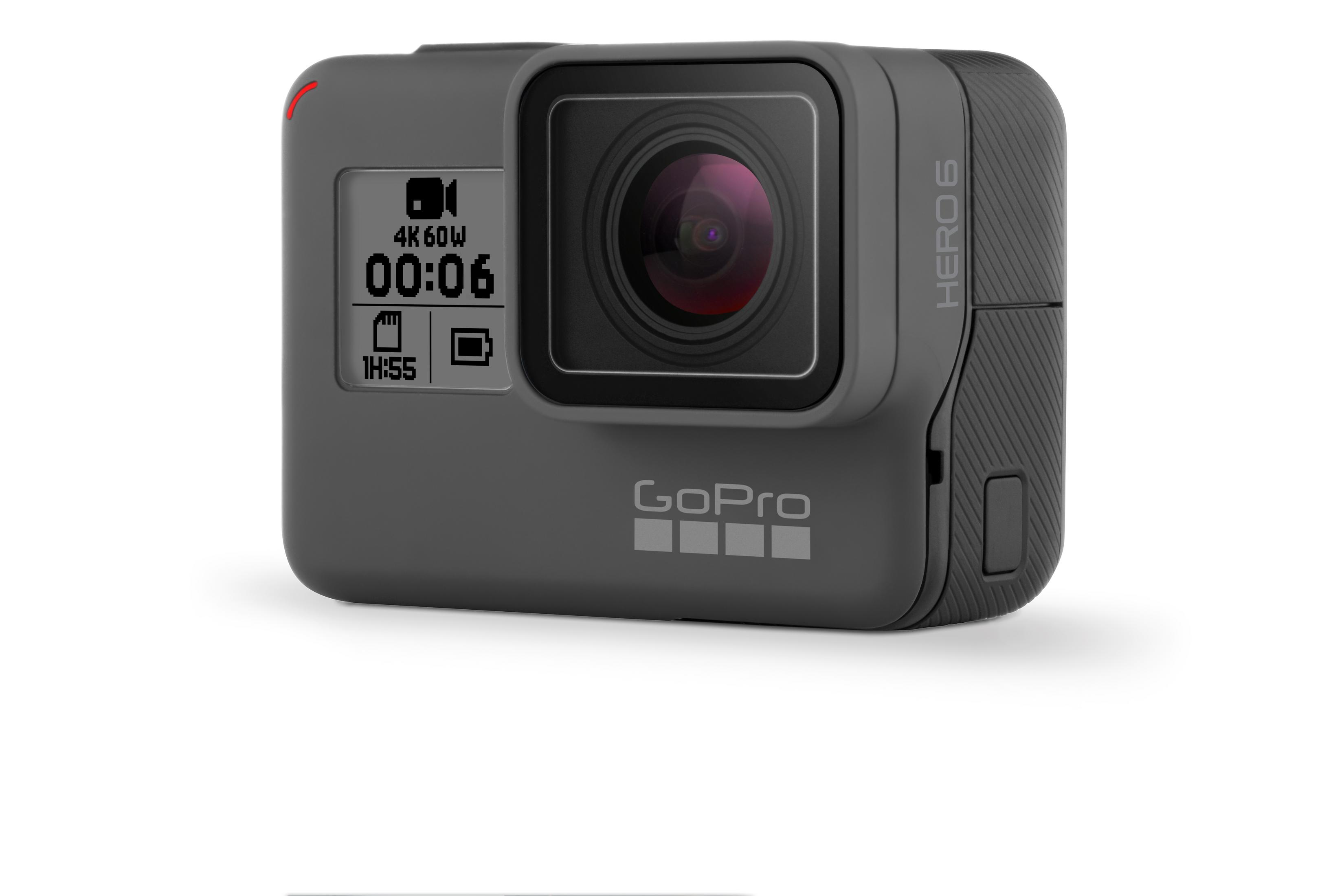 Graue GoPro Hero 6 Kamera mit Anzeige, die 4K 60W, 00:06 und 1H:55 anzeigt.