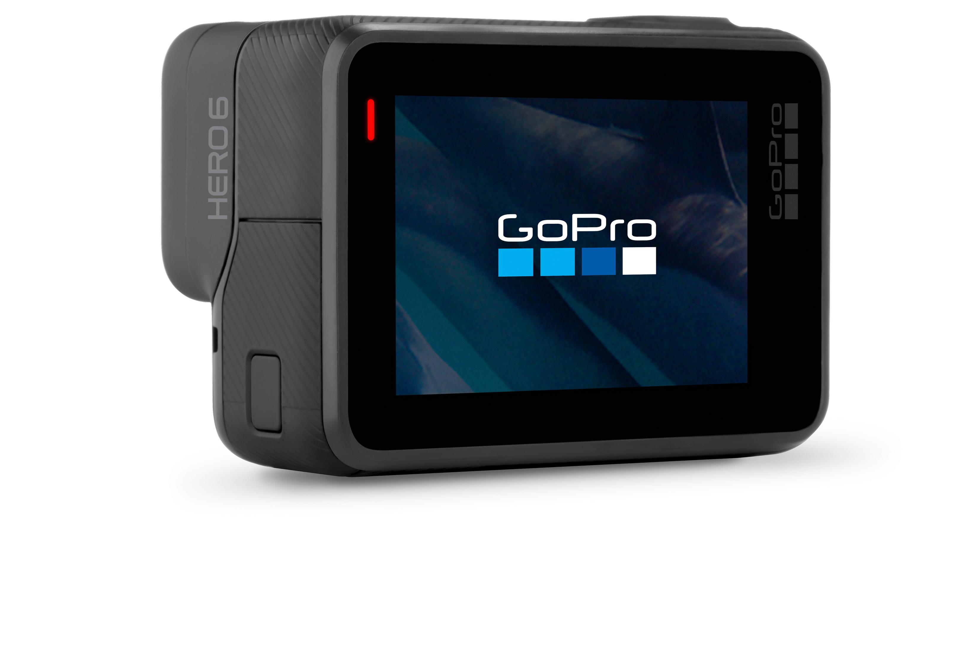 Schwarze GoPro Hero 6 Actionkamera mit "GoPro" Logo auf dem Bildschirm.