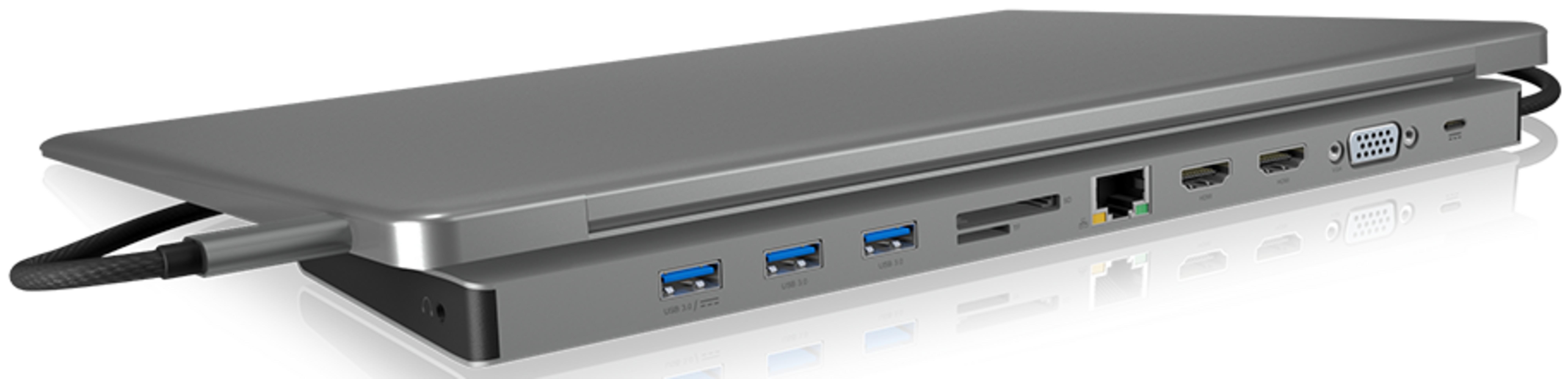 Grauer Docking-Port mit USB-, HDMI-, Ethernet- und SD-Kartenanschlüssen.