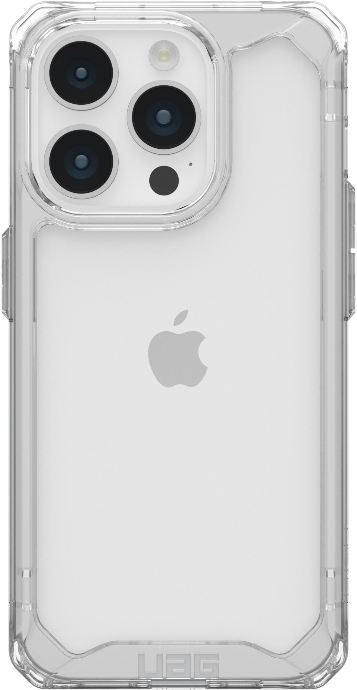 Custodia trasparente per telefono con logo Apple e tripla fotocamera.