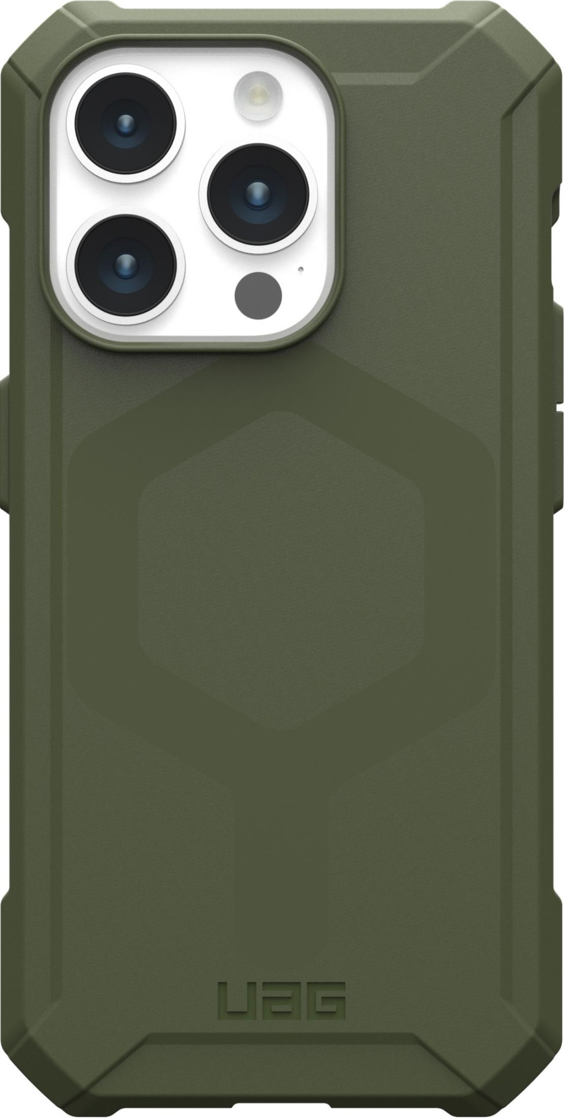 Funda de teléfono verde con triple cámara y logo UAG.