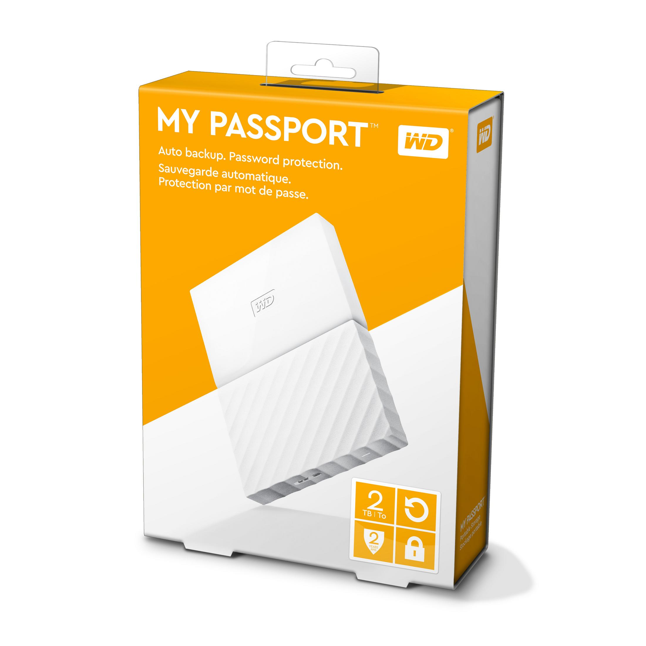 Confezione disco portatile WD My Passport bianco, con accenti arancioni. Mostra '2TB' e '2 anni'.