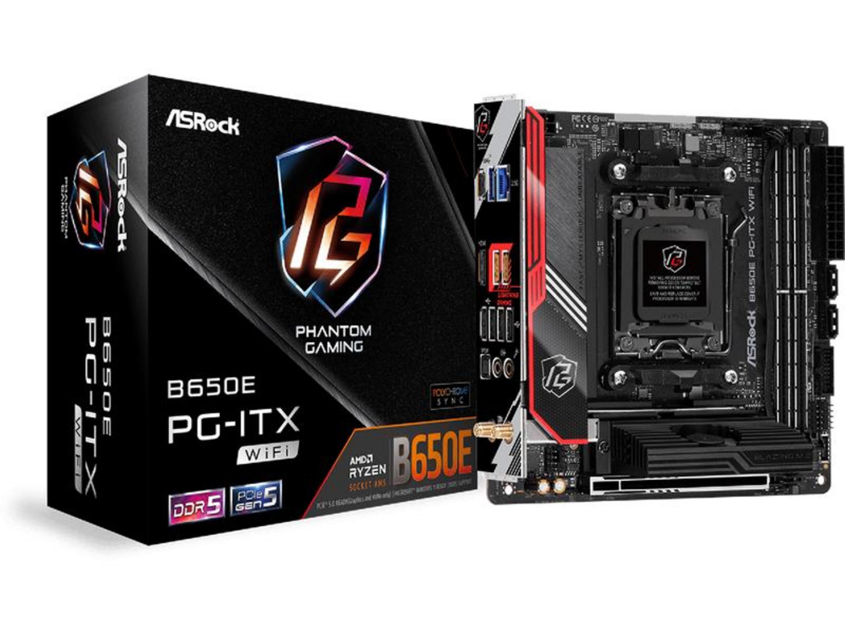 Scatola della scheda madre ASRock B650E PG-ITX WiFi e scheda madre su sfondo bianco.