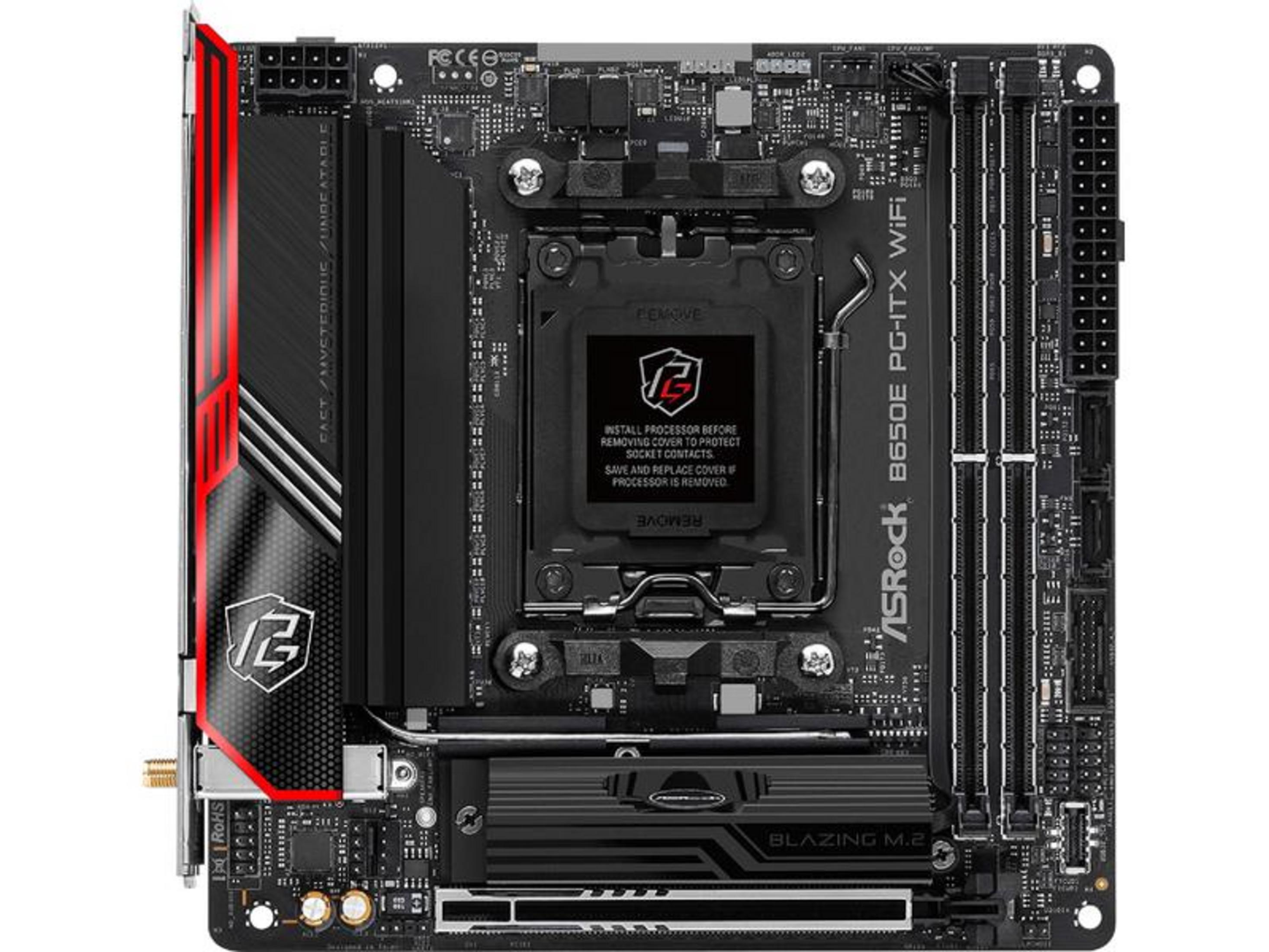 Una scheda madre ASRock B650E PG-ITX WiFi con design rosso e nero.