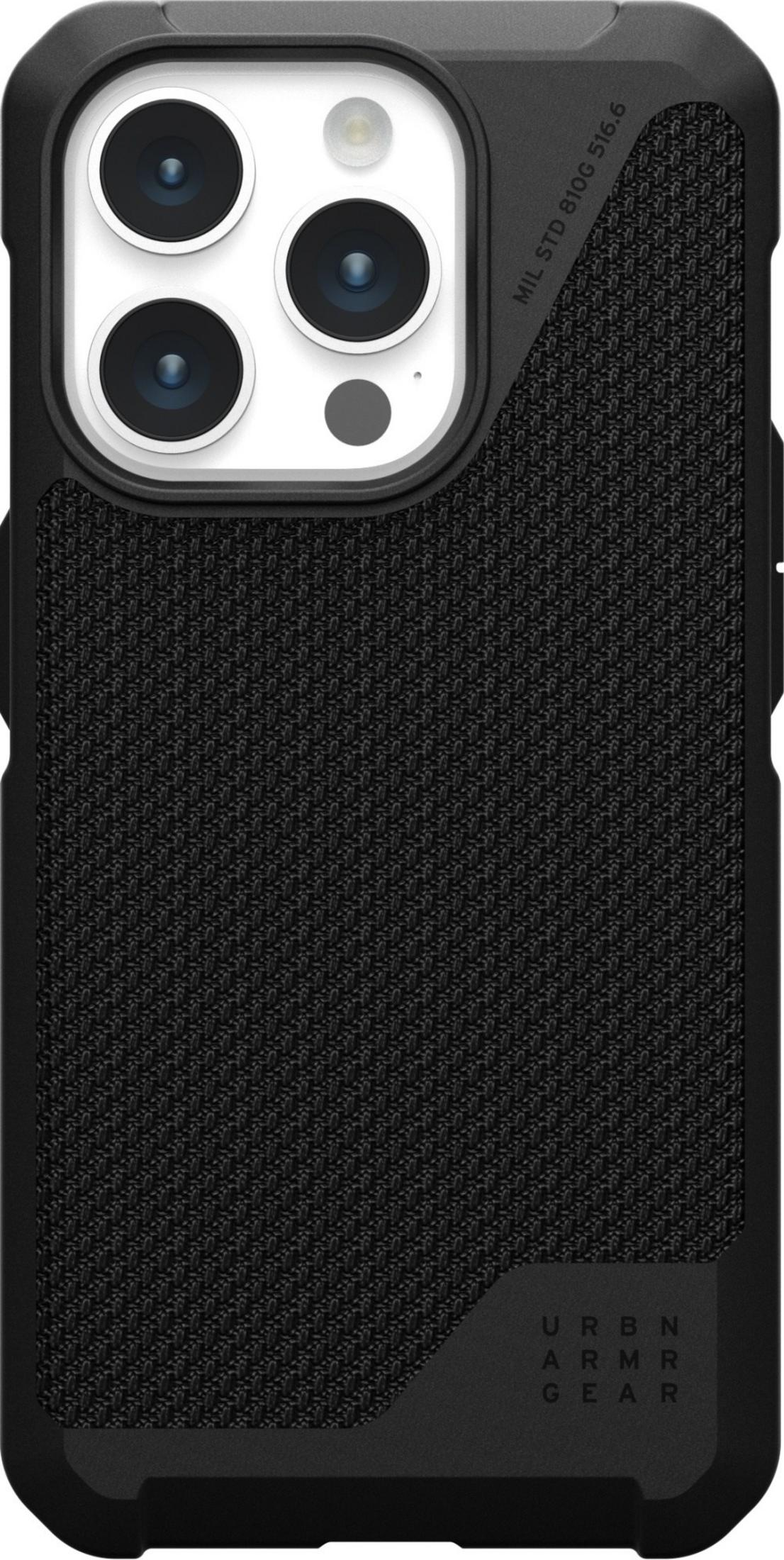 Funda negra para teléfono con agarre texturizado, recorte de triple cámara y texto MIL STD 810G.