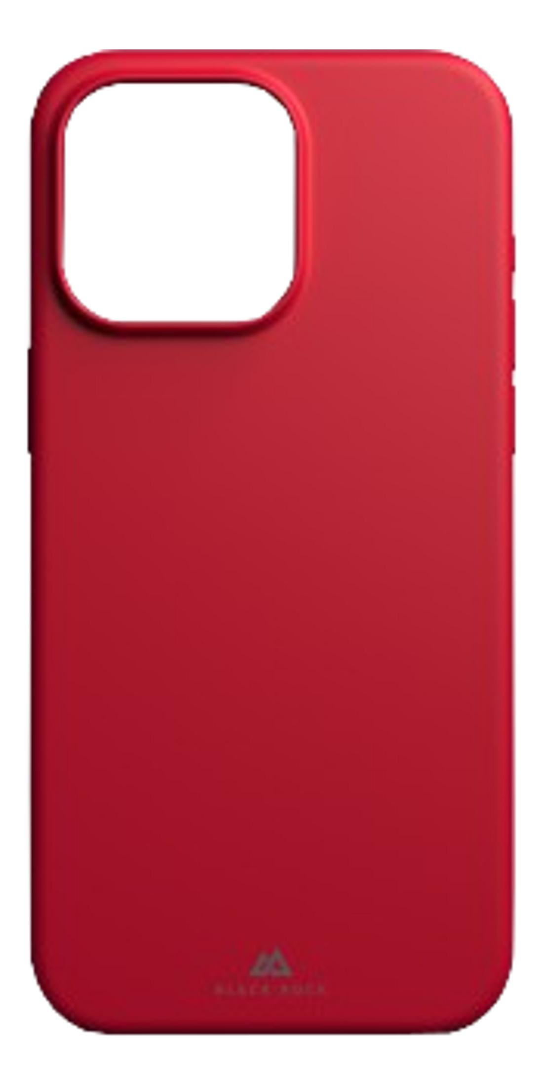 Custodia rossa per telefono con ritaglio fotocamera e logo in basso.
