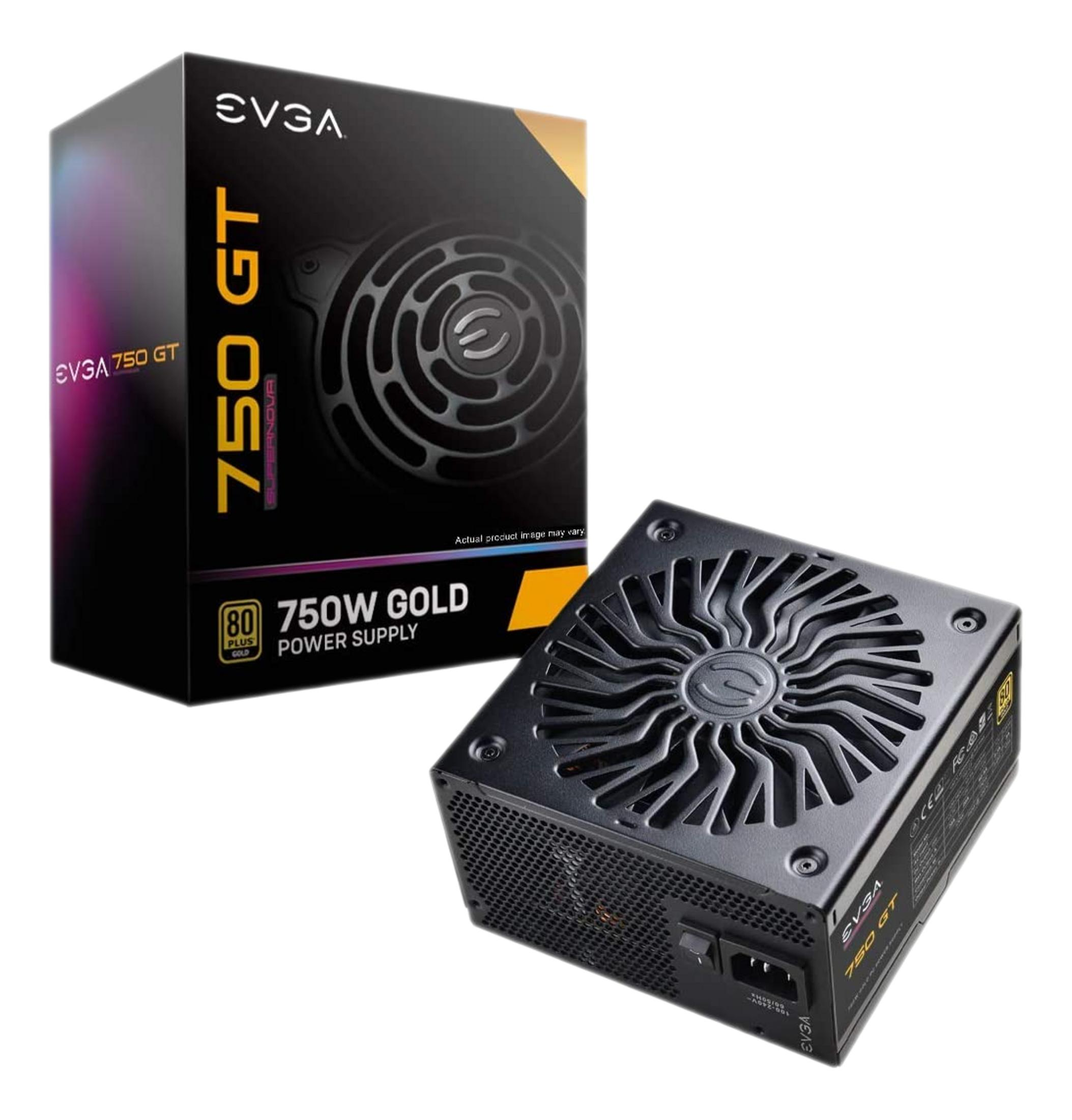 Un alimentatore EVGA 750W nero e la sua scatola su sfondo bianco.
