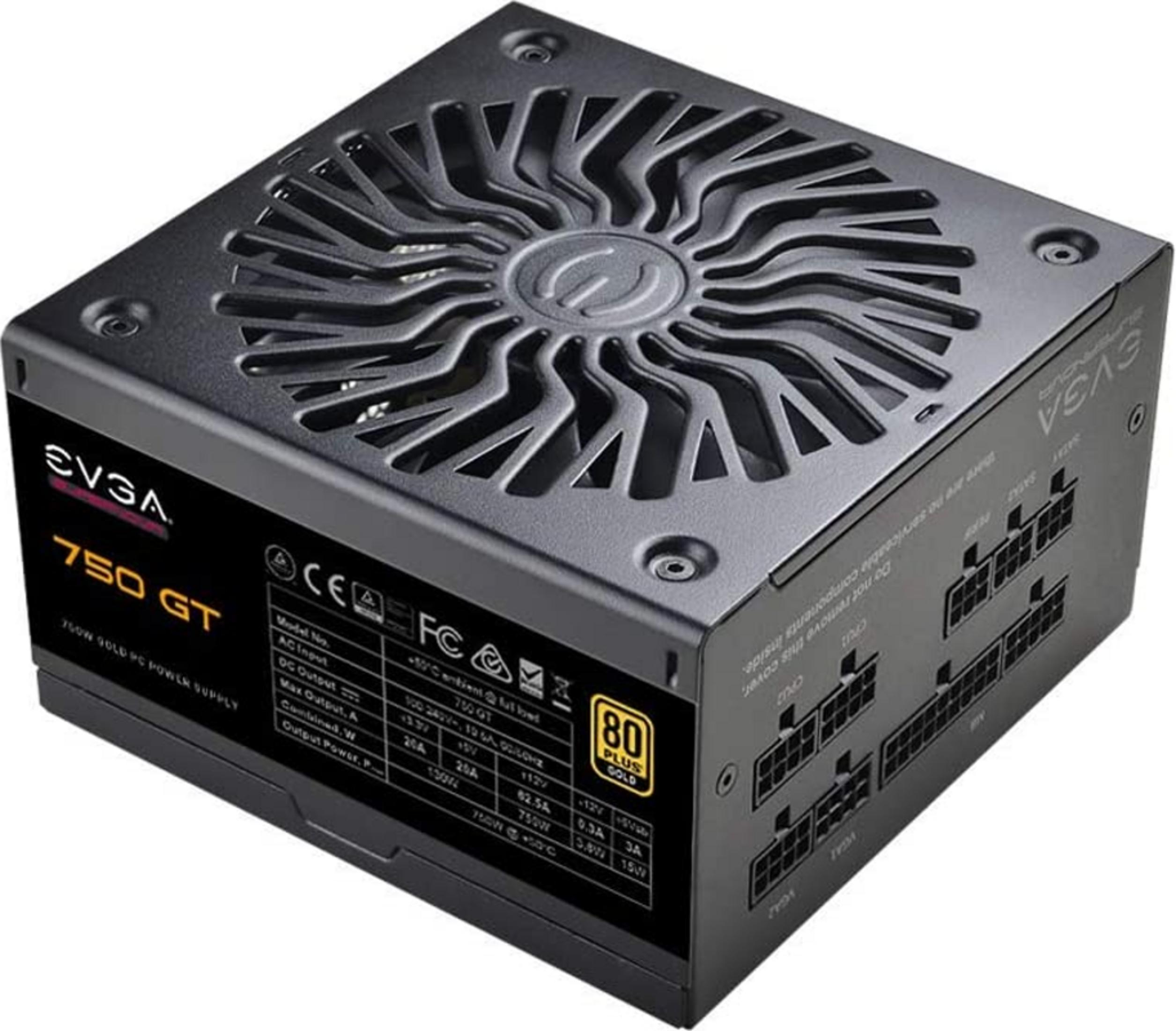 Alimentatore EVGA nero da 750W con ventola e connettori. 80 PLUS Gold.