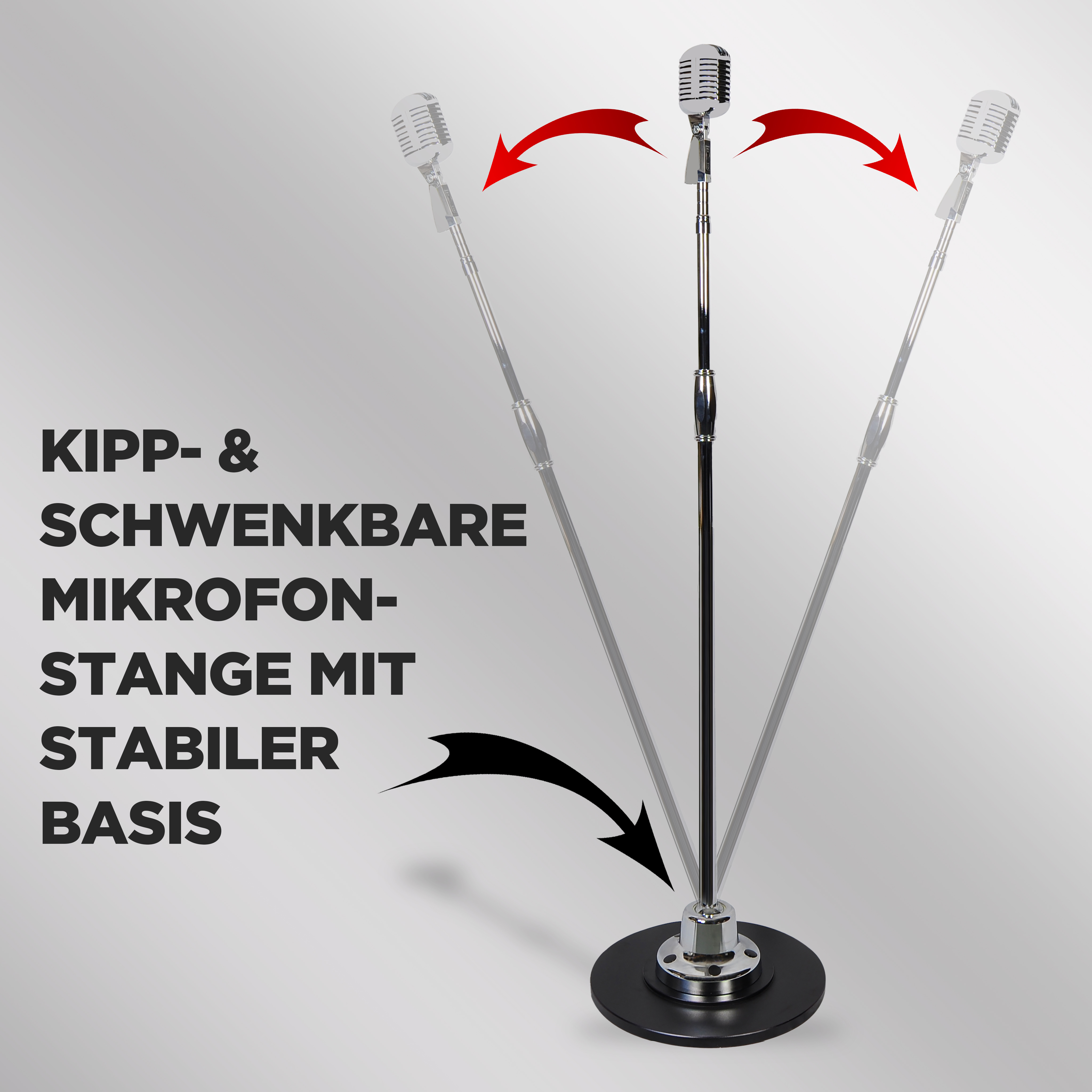 Kipp- und schwenkbare Mikrofonstange mit stabiler Basis.