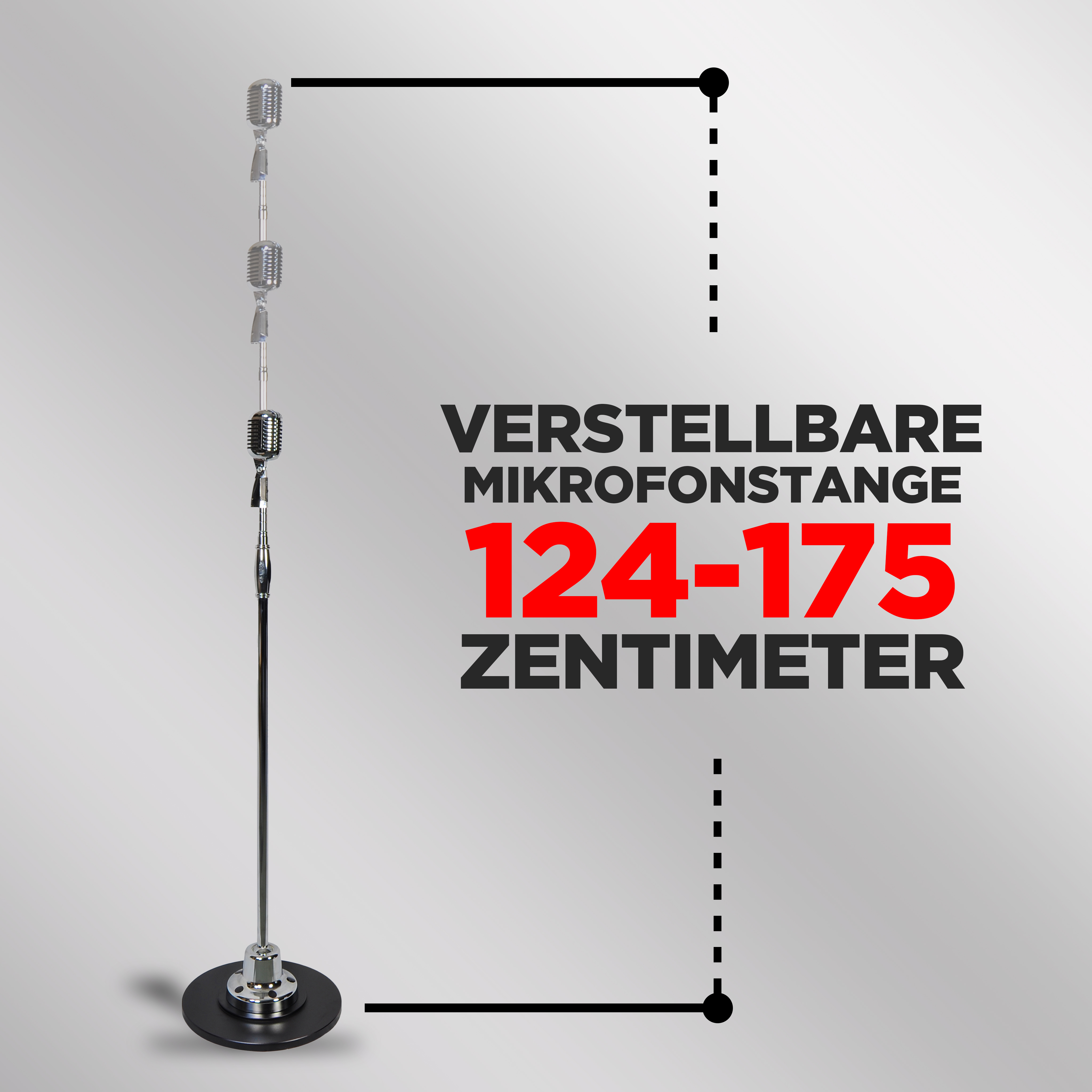 Verstellbare Mikrofonstange, 124-175 cm. Silberfarben, mit drei Mikrofonen.