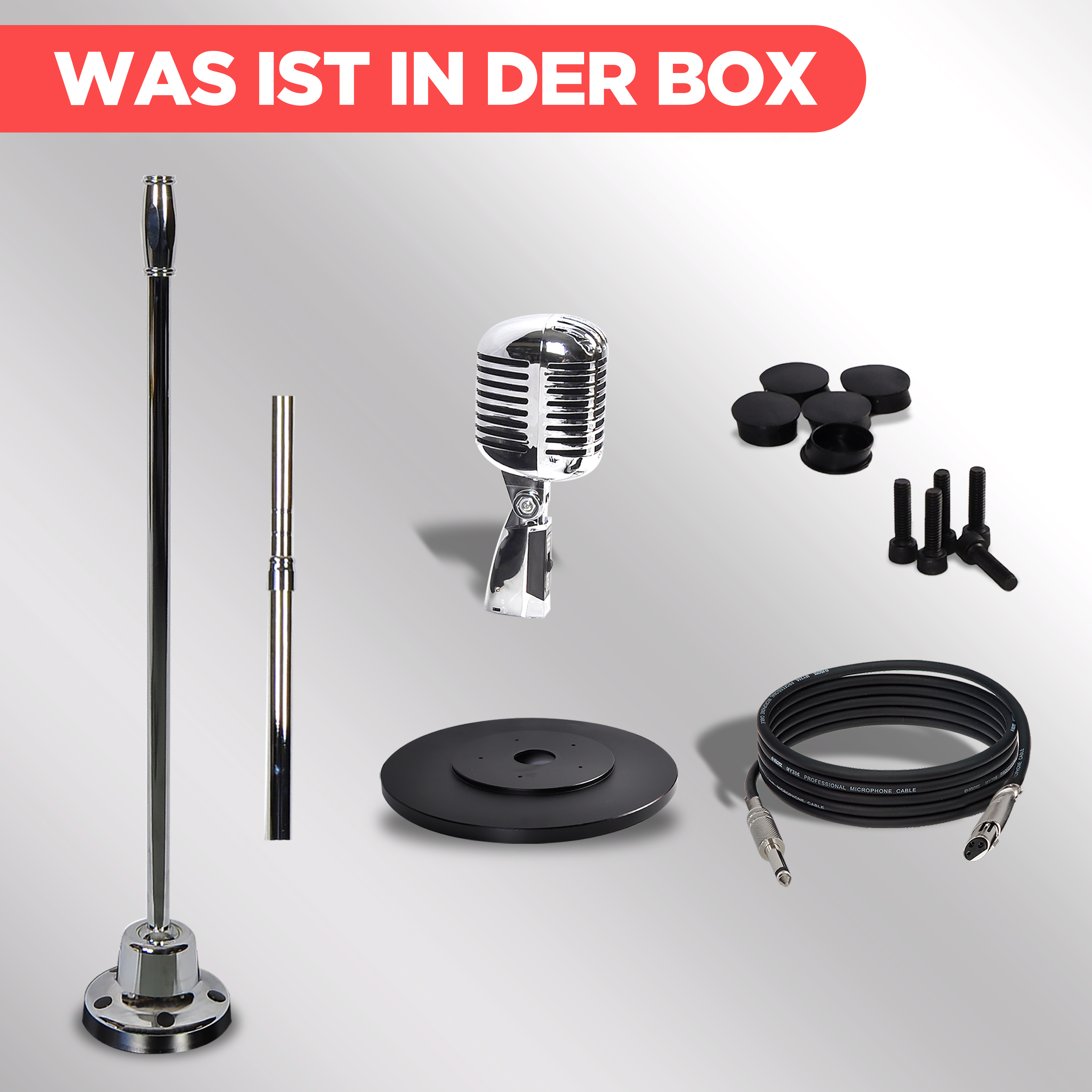 Ein Mikrofonständer, Mikrofon, Kabel und Zubehör auf grauem Grund.