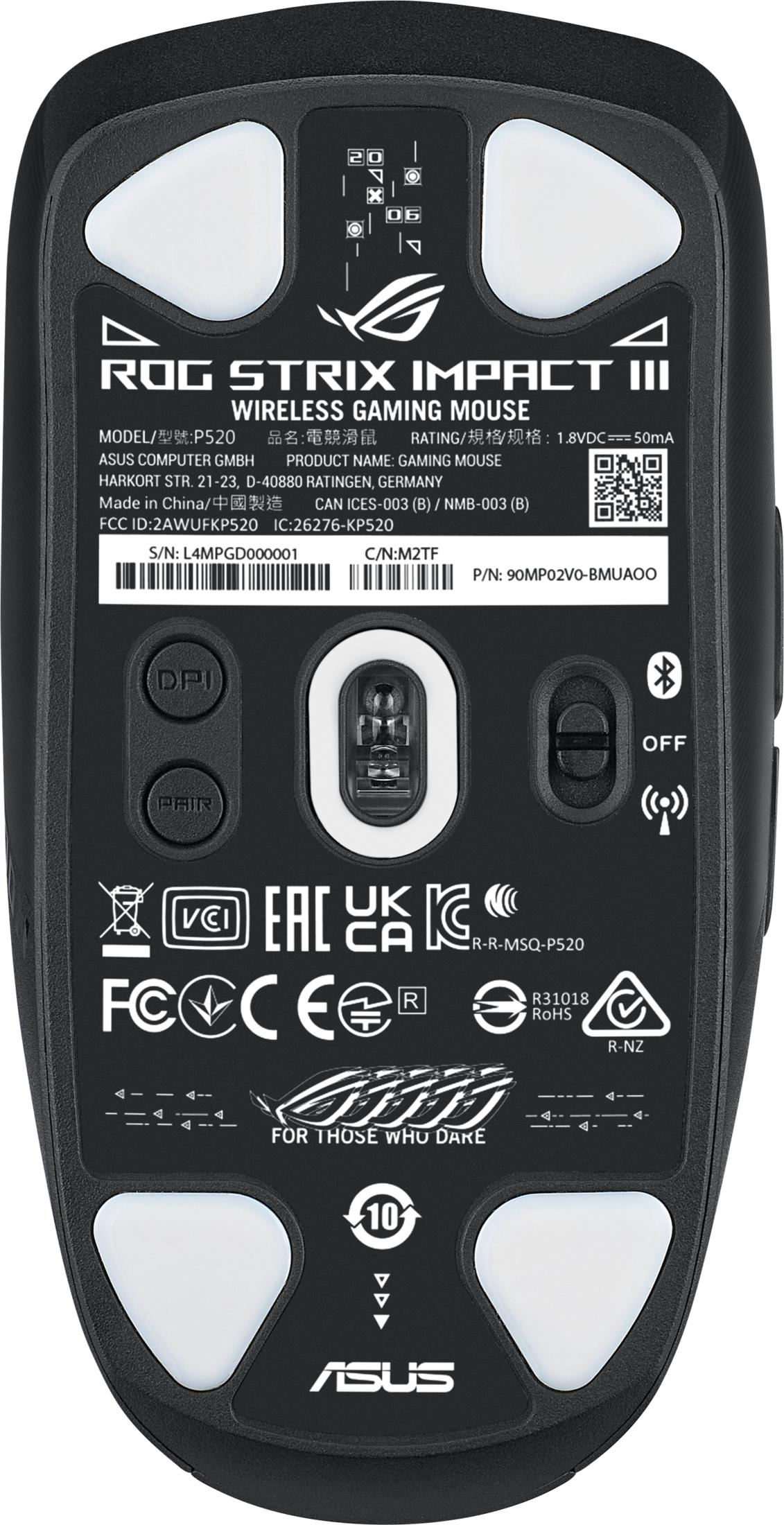 Parte inferior de un ratón gaming negro ROG Strix Impact III con pegatinas y texto.